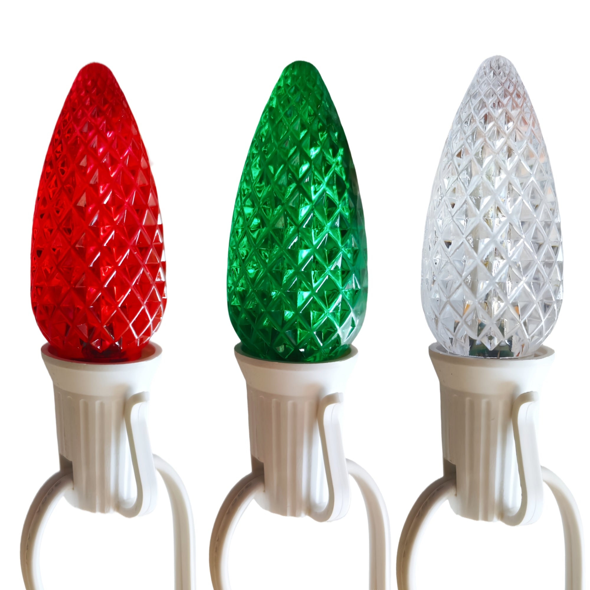 Commercial Grade Red Green White C9 LED Christmas Lights 25Ft 25 Bulbs on White Wire