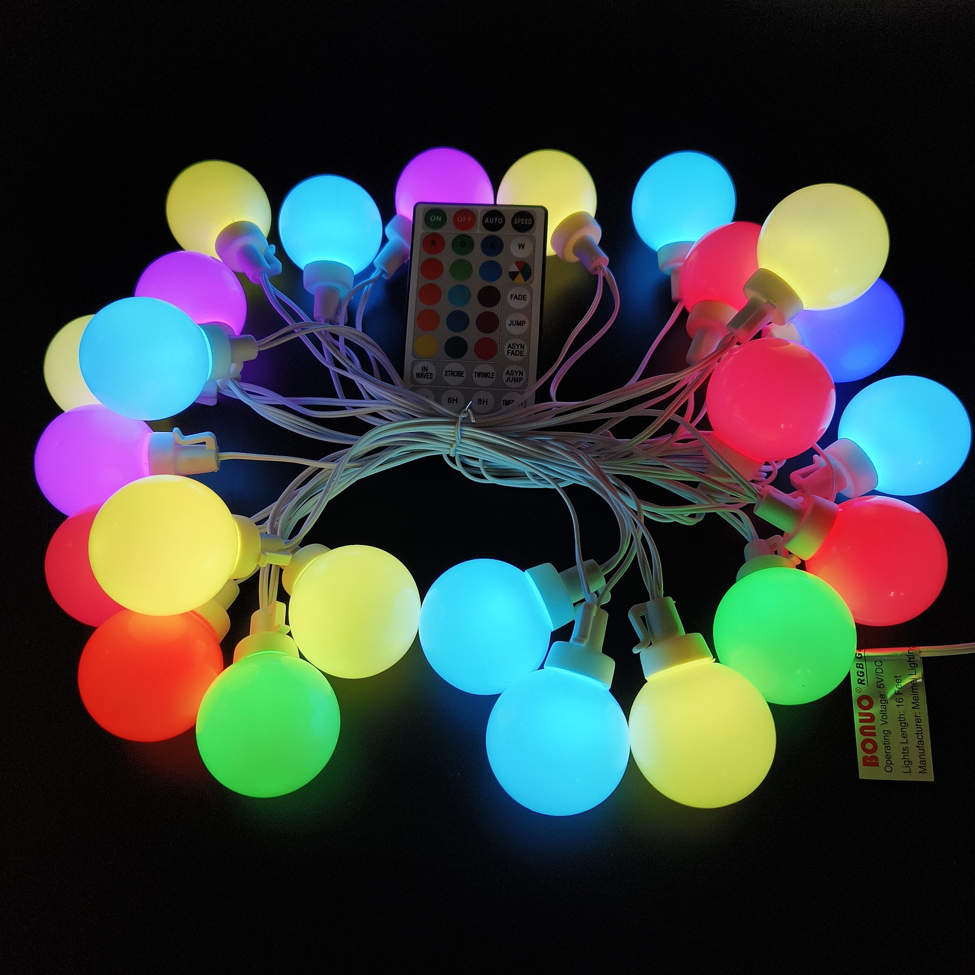 25 Bulbs RGB Color Changing G40 LED String Lights USB Plug-in on White Wire