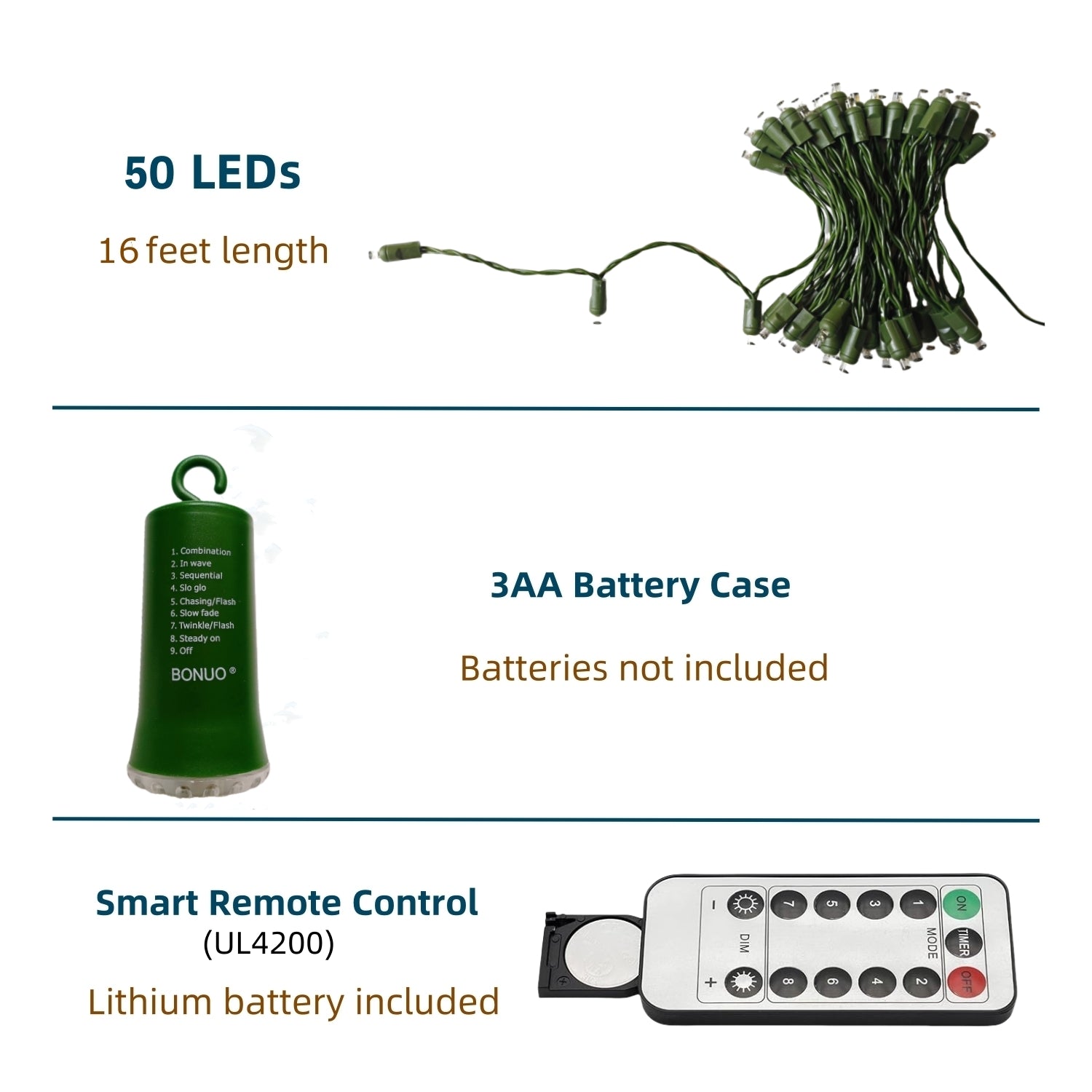 50 Count Outdoor LED Christmas Lights Battery Operated on Green Wire