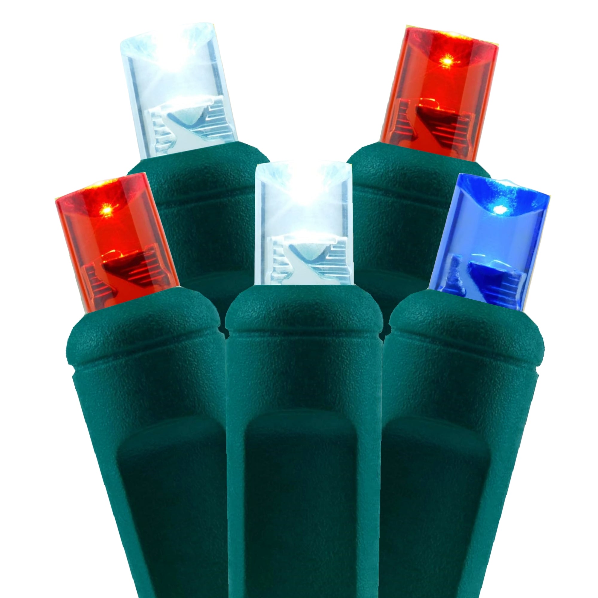 Commercial Grade Red White Blue 5mm Wide Angle LED Christmas Lights on Green Wire