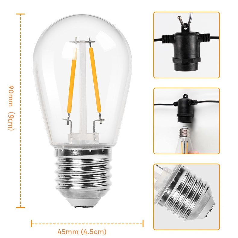 Solar Powered S14 LED Hanging Patio Outdoor String Lights on Black Wire