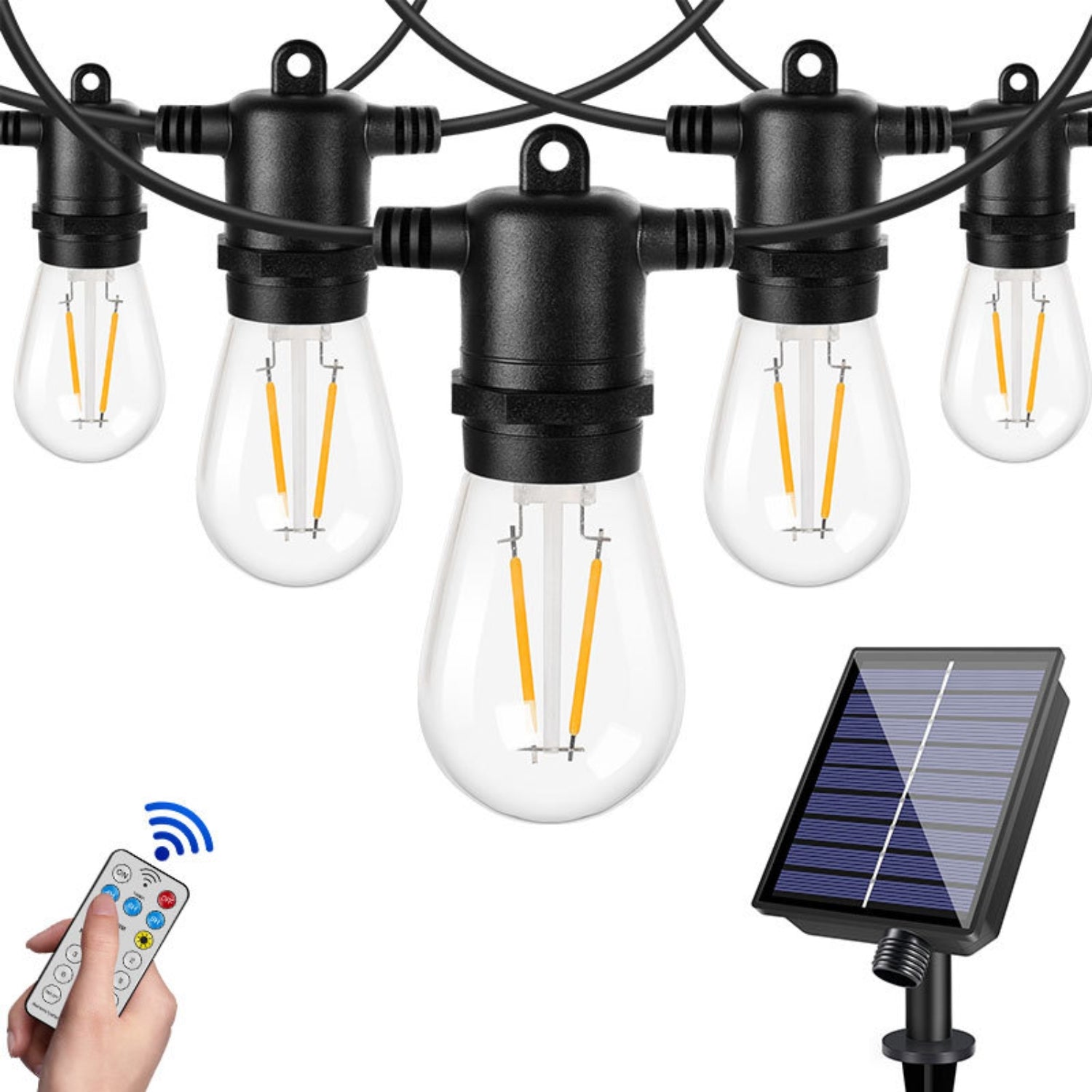 Solar Powered S14 LED Hanging Patio Outdoor String Lights on Black Wire