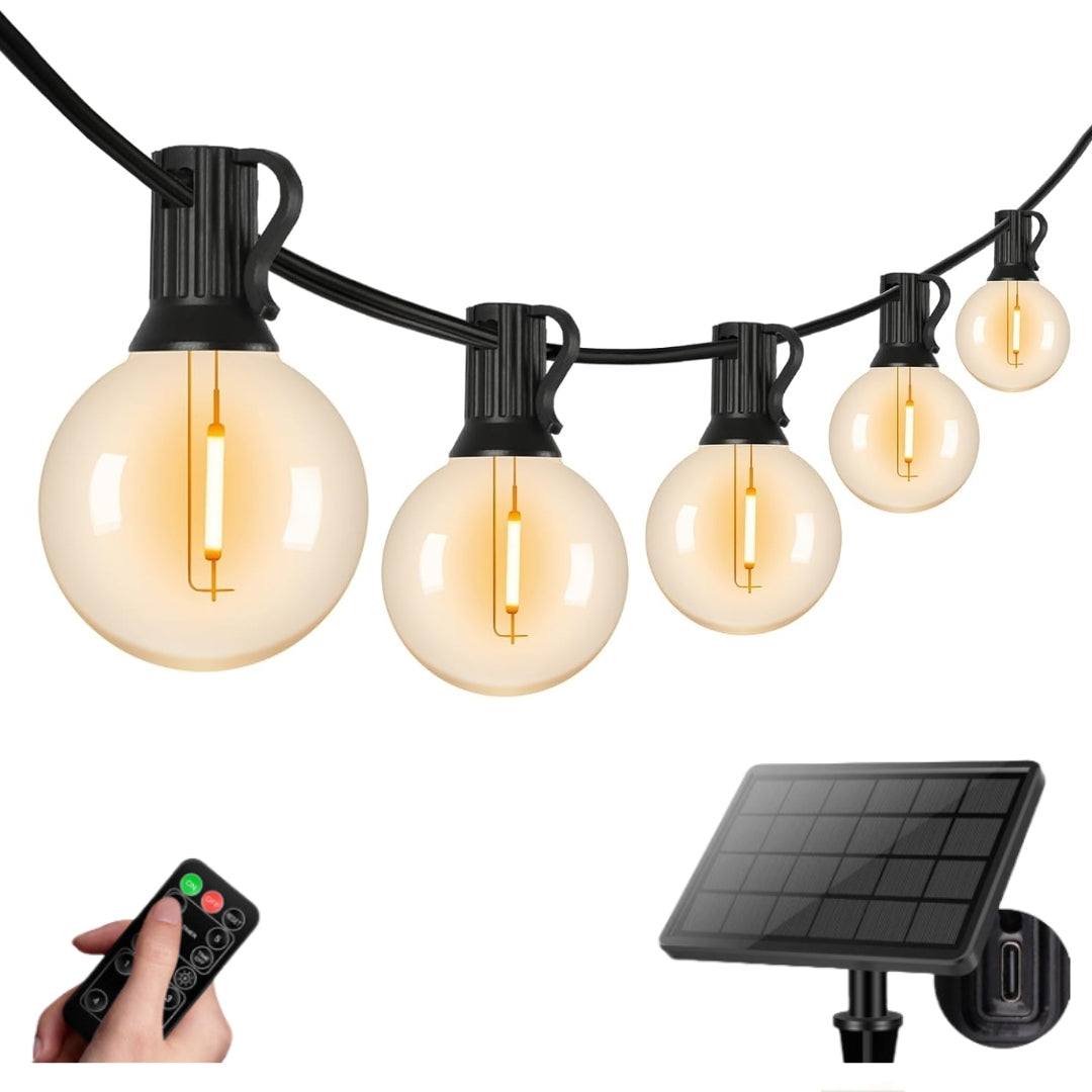 Solar Powered G40 LED Hanging Patio Outdoor String Lights on Black Wire