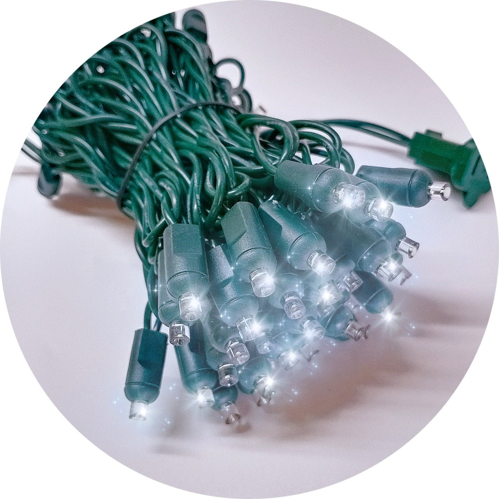 Commercial Grade Strobe Cool White 5mm Wide Angle LED Christmas Lights on Green Wire