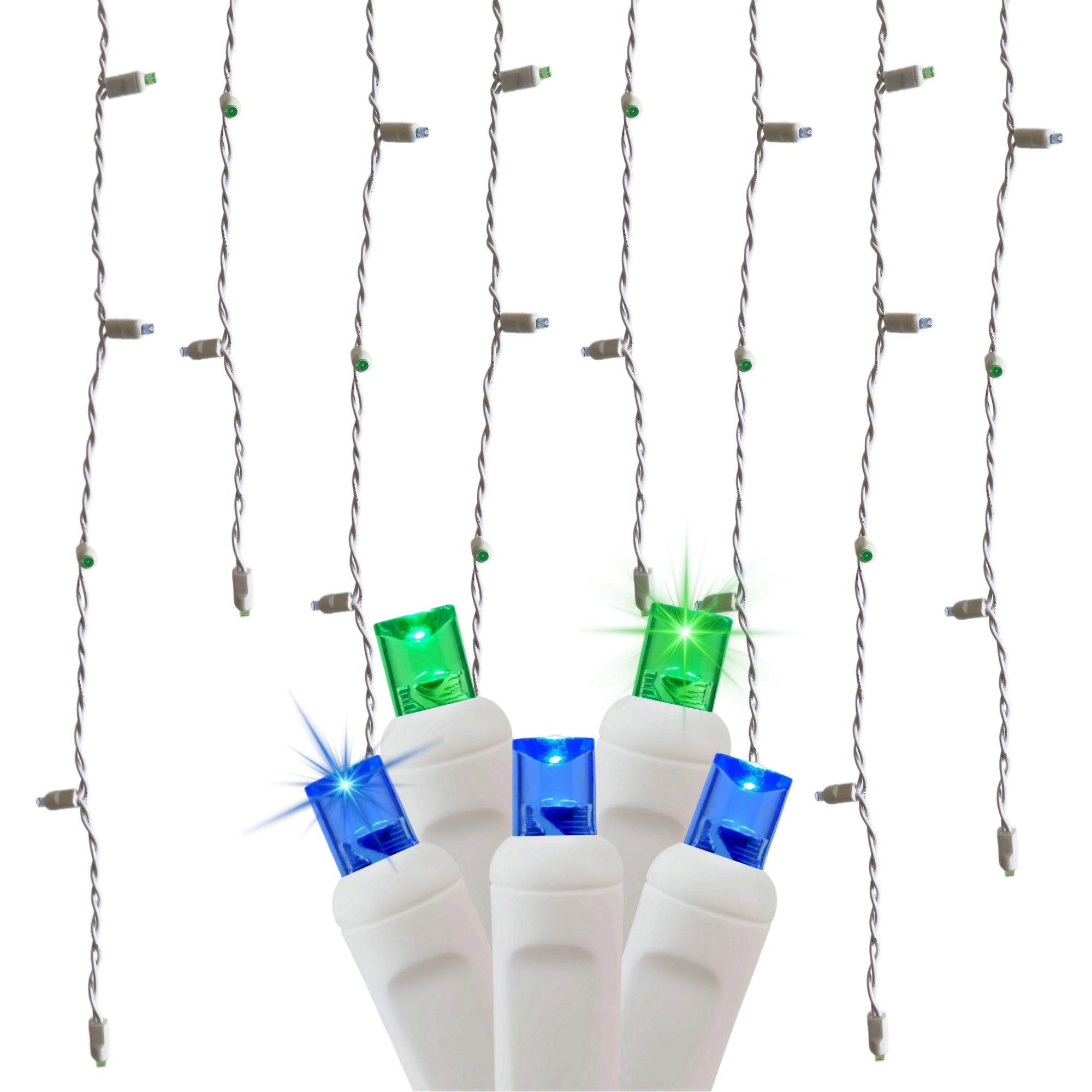 Commercial Grade Slow Twinkle Blue Green LED Icicle Lights on White Wire