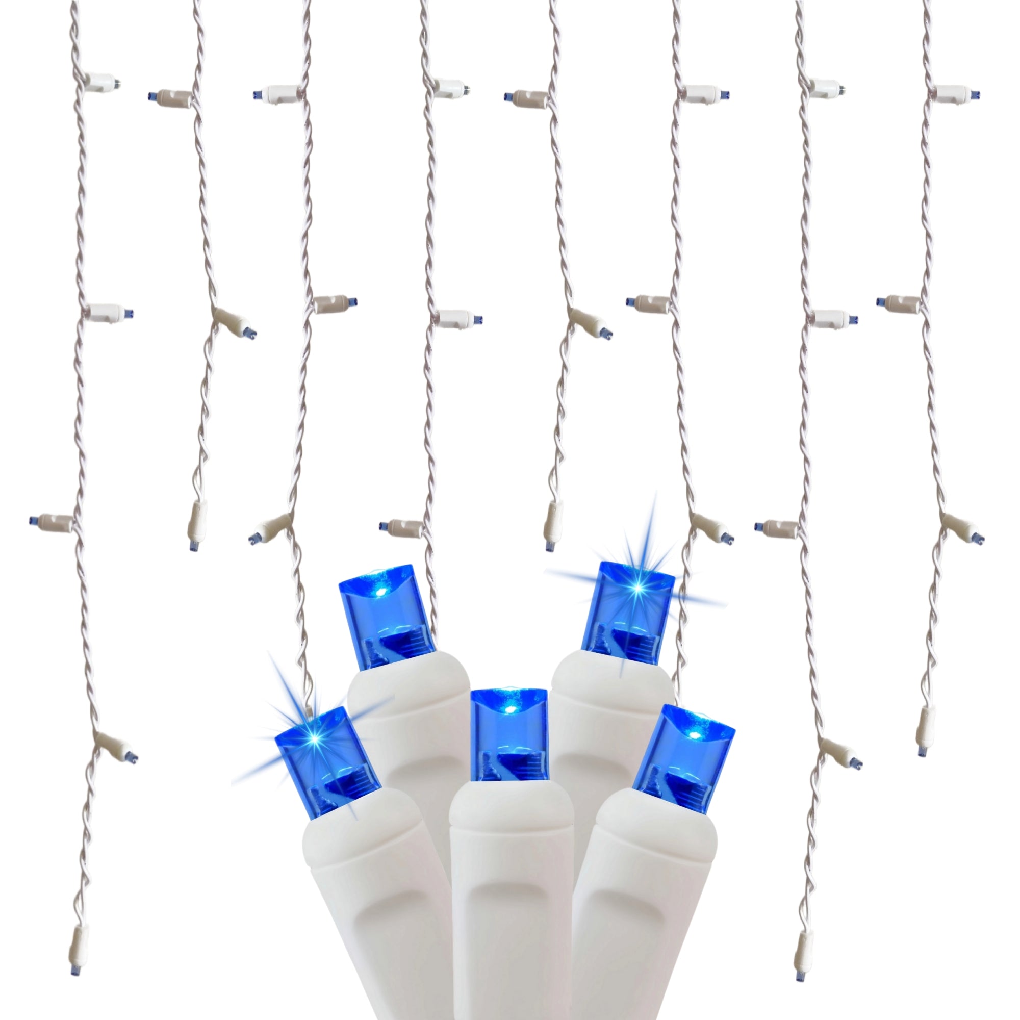 Commercial Grade Slow Twinkle Blue LED Icicle Lights on White Wire