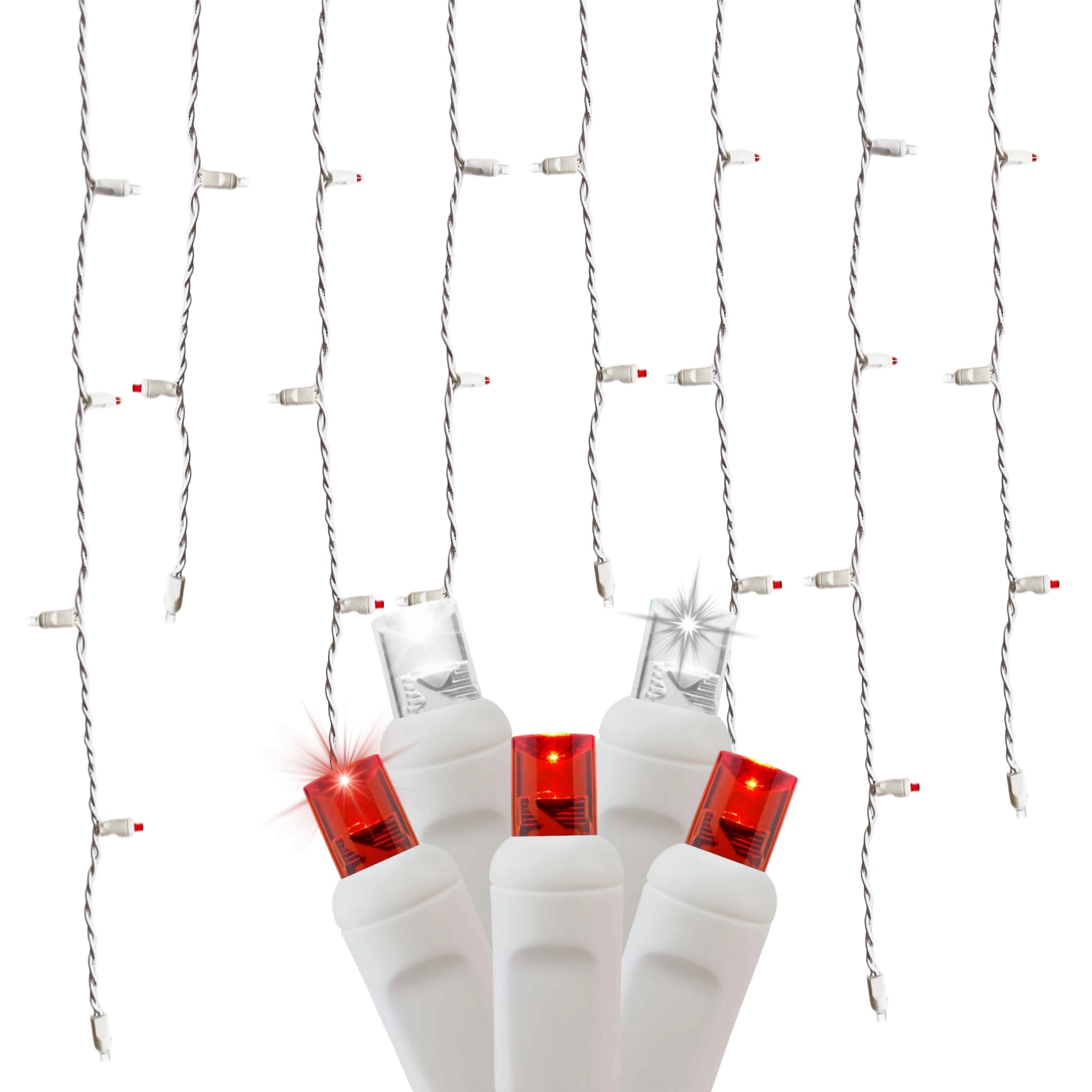 Commercial Grade Slow Twinkle Red White LED Icicle Lights on White Wire