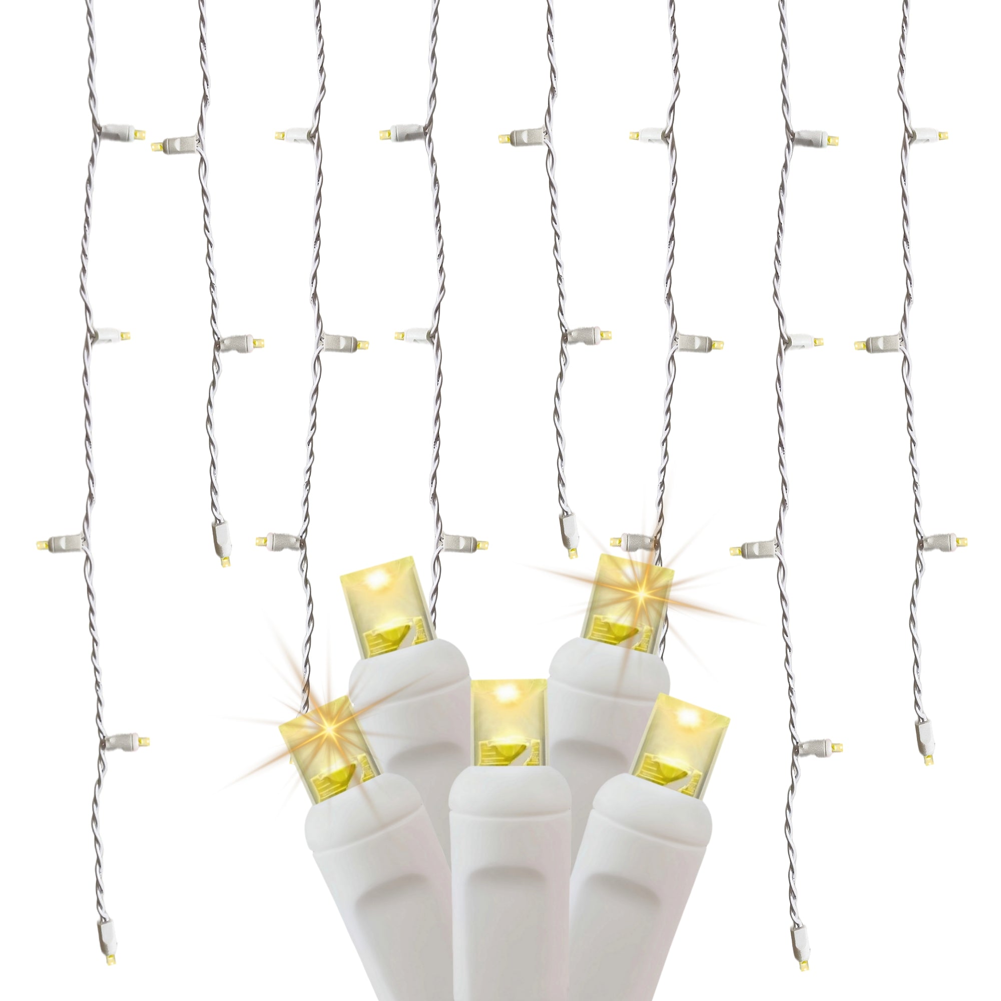 Commercial Grade Slow Twinkle Warm White LED Icicle Lights on White Wire