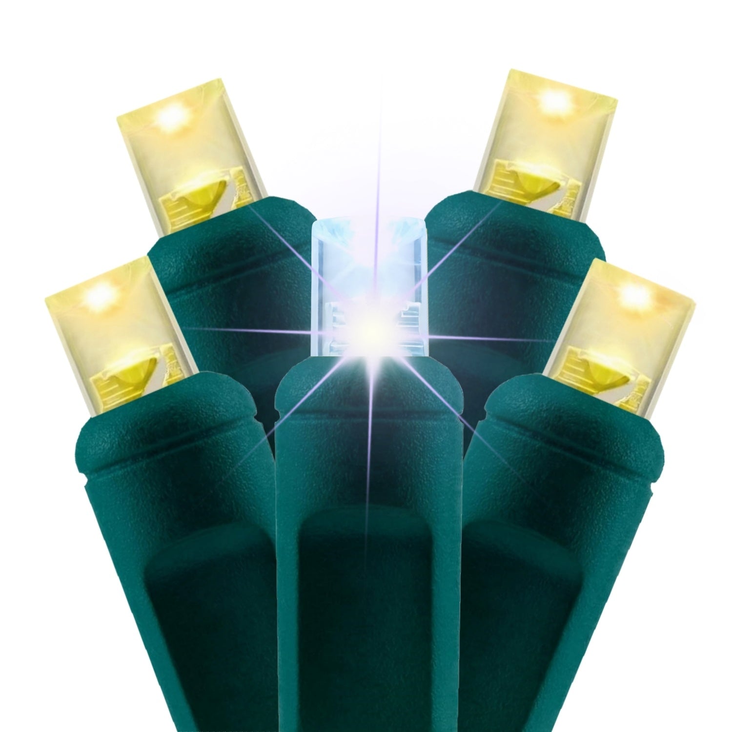 Warm White 5mm with Cool White Strobe LED Christmas Lights on Green Wire