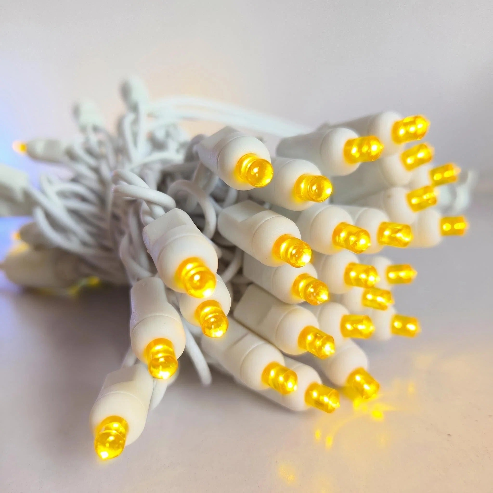 Commercial Grade Yellow 5mm Wide Angle LED Christmas Lights on White Wire