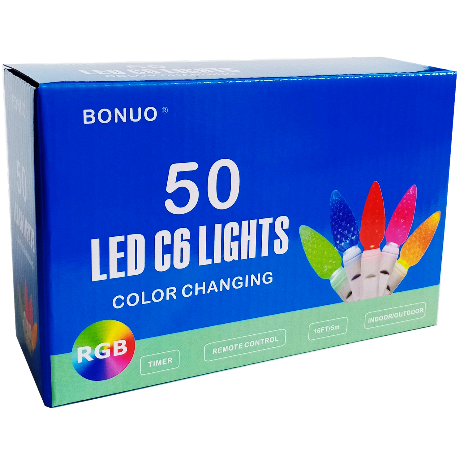 50 LED RGB Color Changing C6 Christmas String Lights USB Plug-in on White Wire