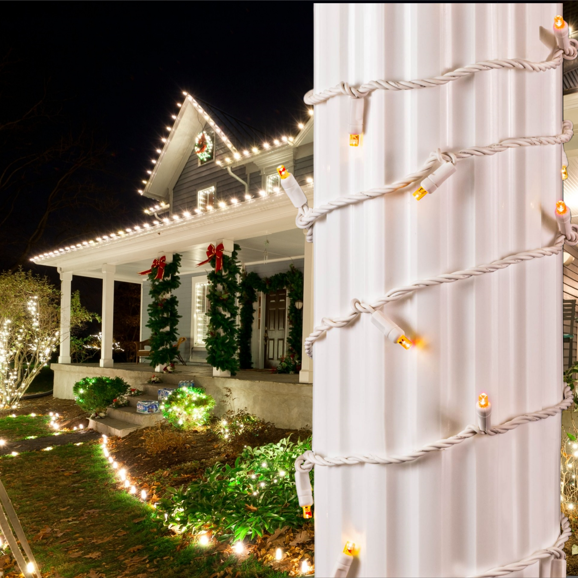 Commercial Grade Amber 5mm Wide Angle LED Christmas Lights on White Wire