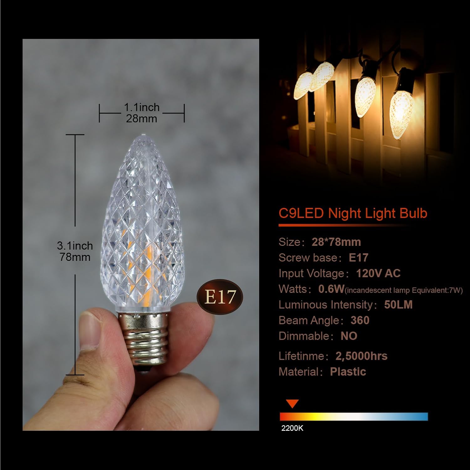 120V Warm White C9 LED Replacement Christmas Faceted Light Bulb (2200K)