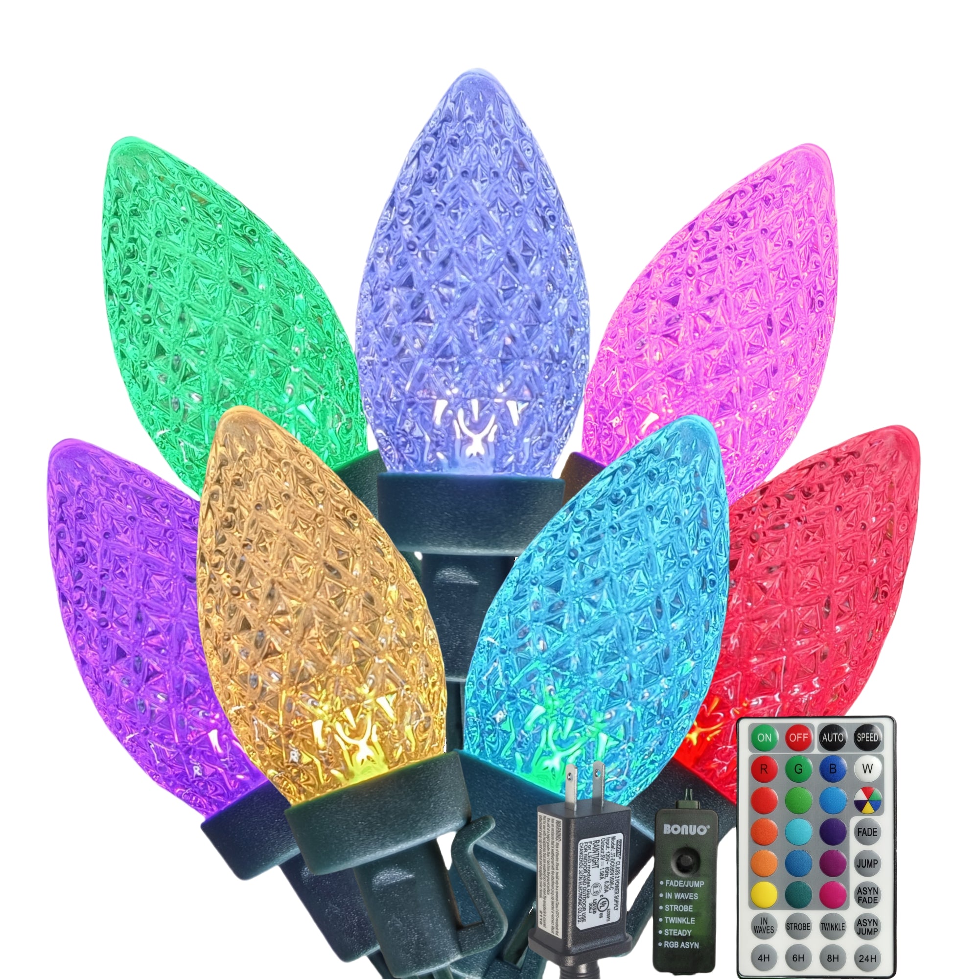 25 LED RGB Color Changing C9 Christmas Lights with Remote Timer on Green Wire