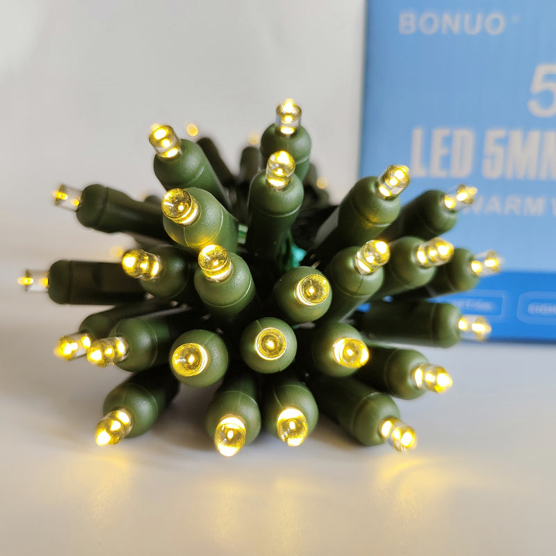 50 Bulbs Warm White 5mm LED Christmas Lights Battery Operated with Remote Timer 8 Lighting Modes, Green Wire