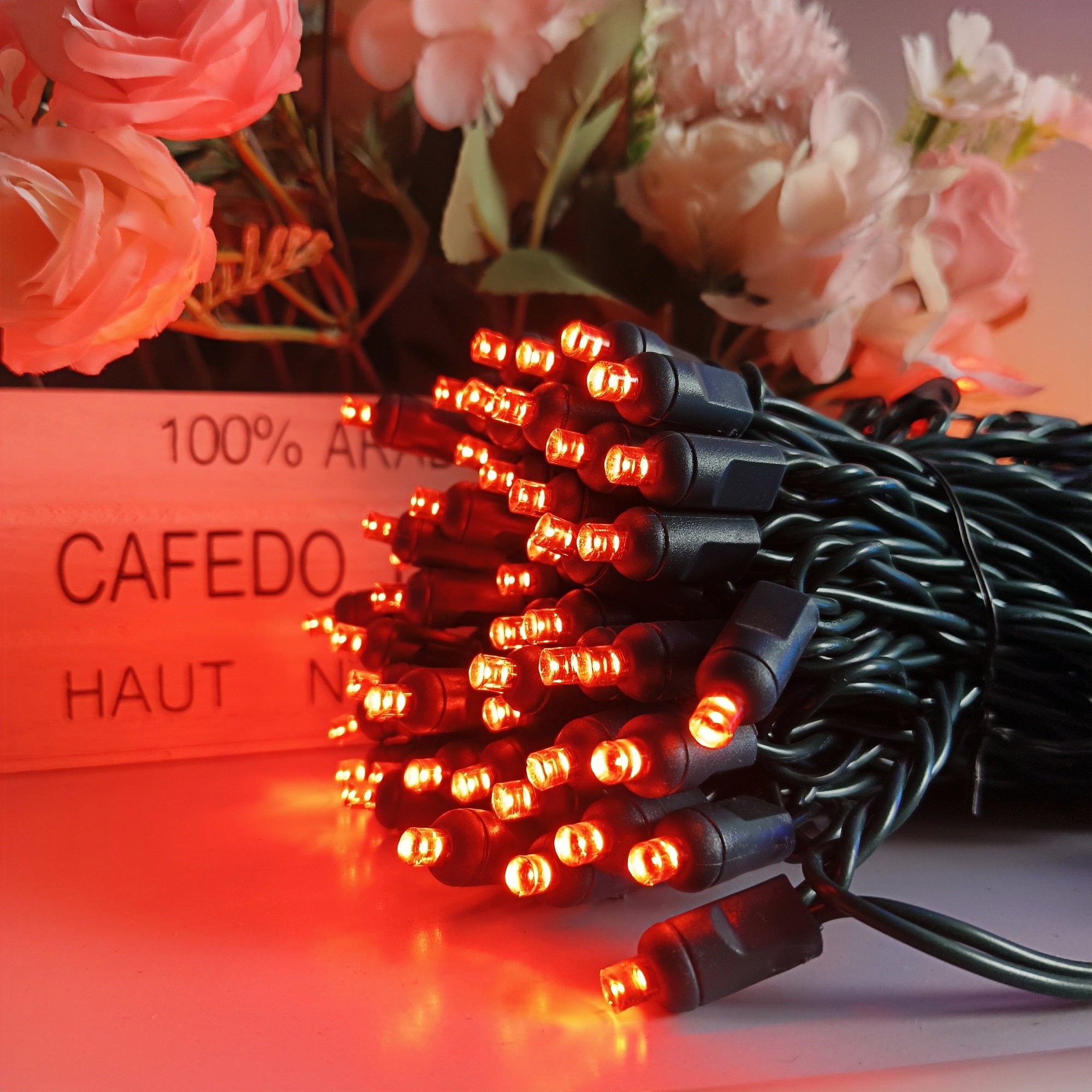 Commercial Grade Orange 5mm Wide Angle LED Christmas Lights on Green Wire