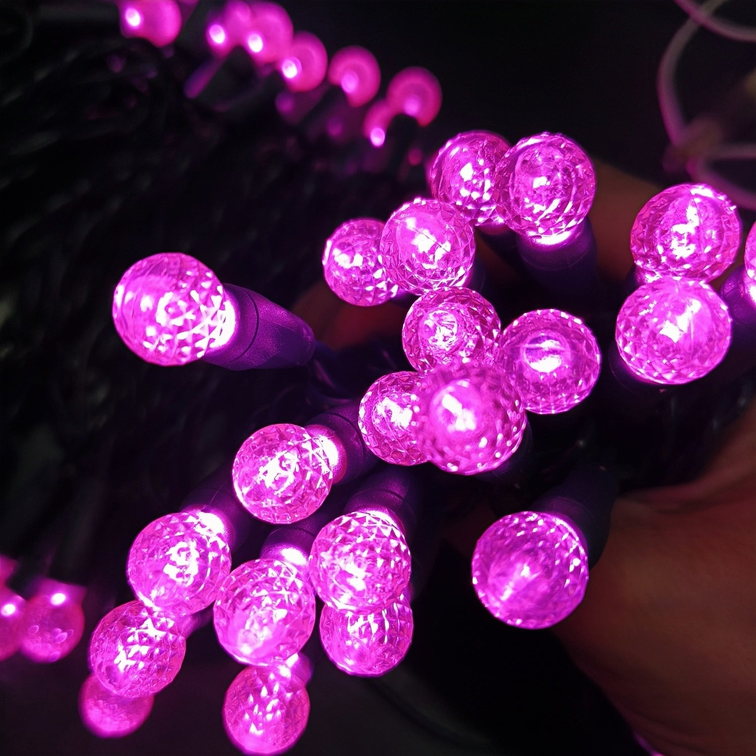 Commercial Grade Pink G12 LED Christmas Lights on Green Wire