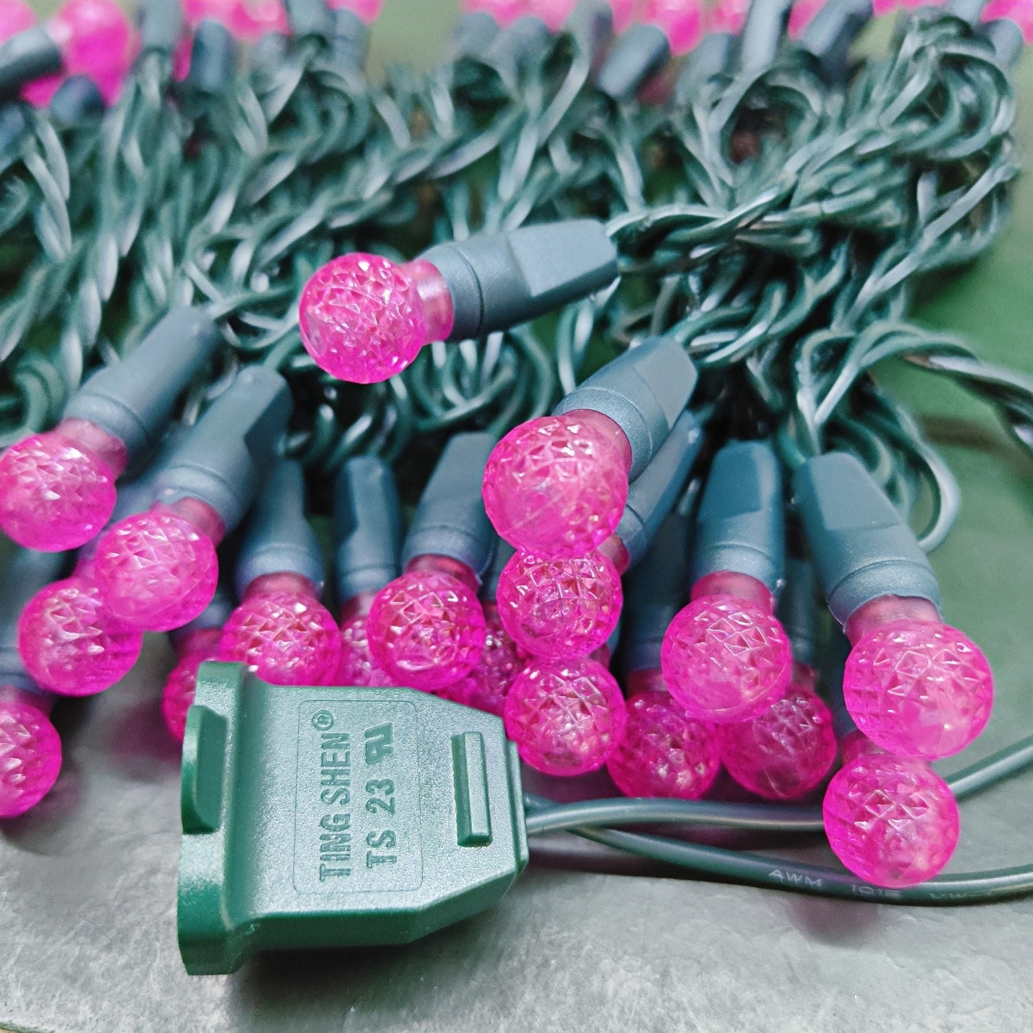 Commercial Grade Pink G12 LED Christmas Lights on Green Wire