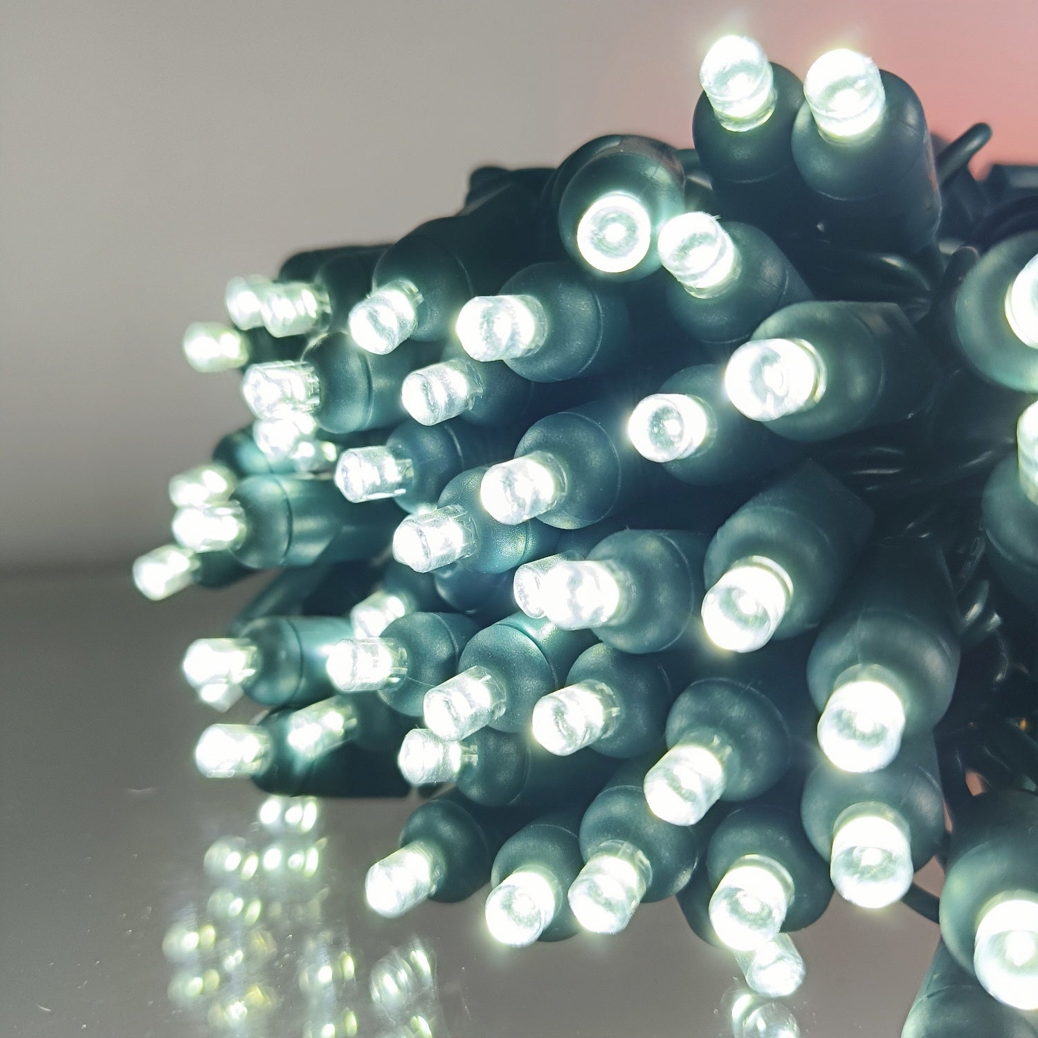 Commercial Grade Pure White 5mm Wide Angle LED Christmas Lights on Green Wire