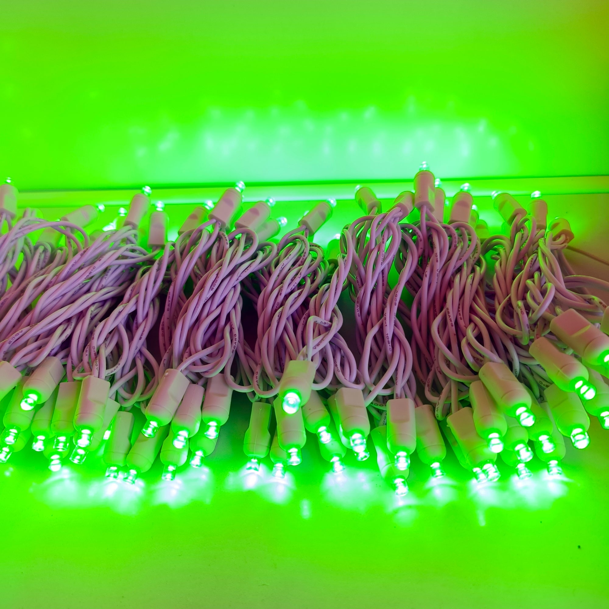 Commercial Grade Green 5mm Wide Angle LED Christmas Lights on White Wire