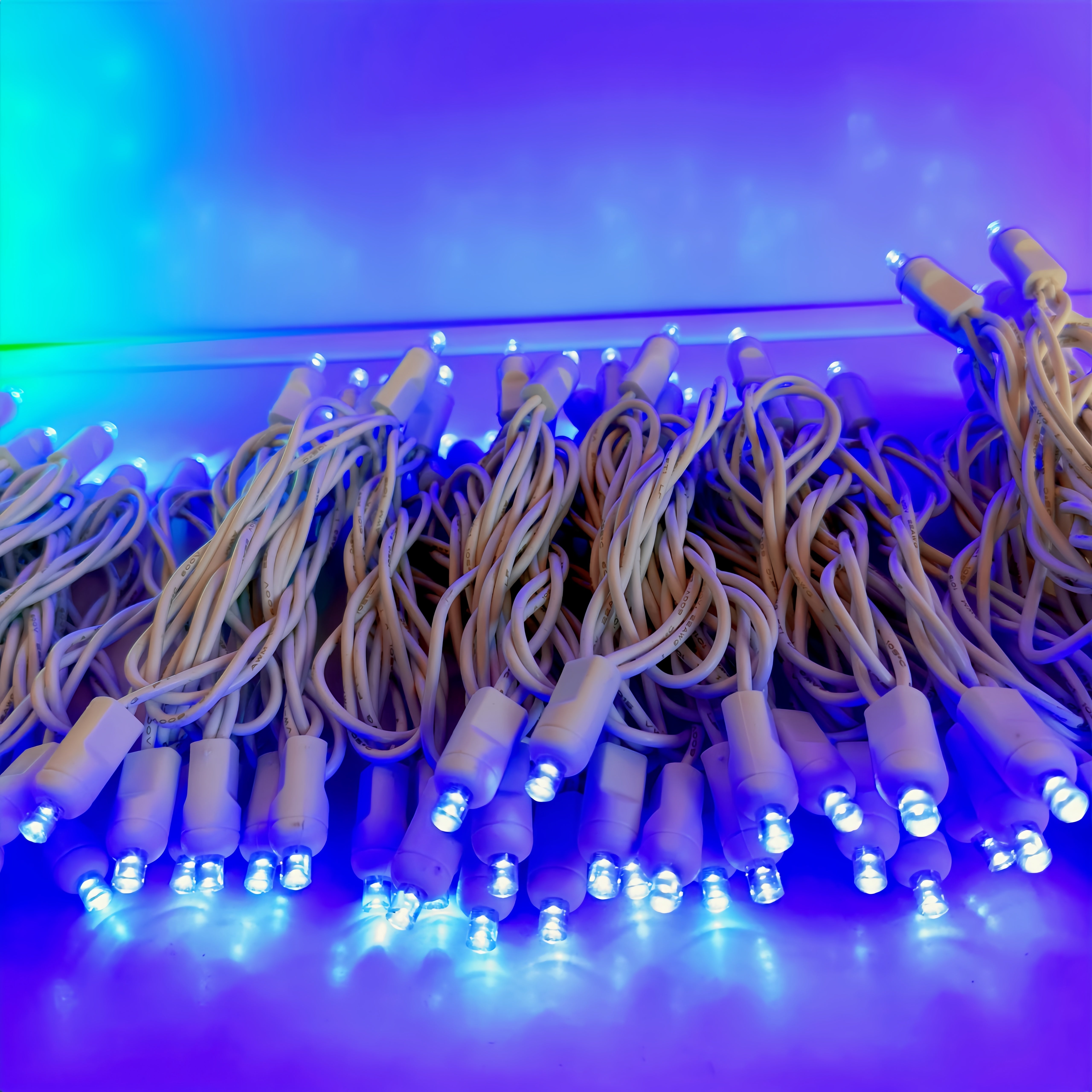 Commercial Grade Blue 5mm Wide Angle LED Christmas Lights on White Wire