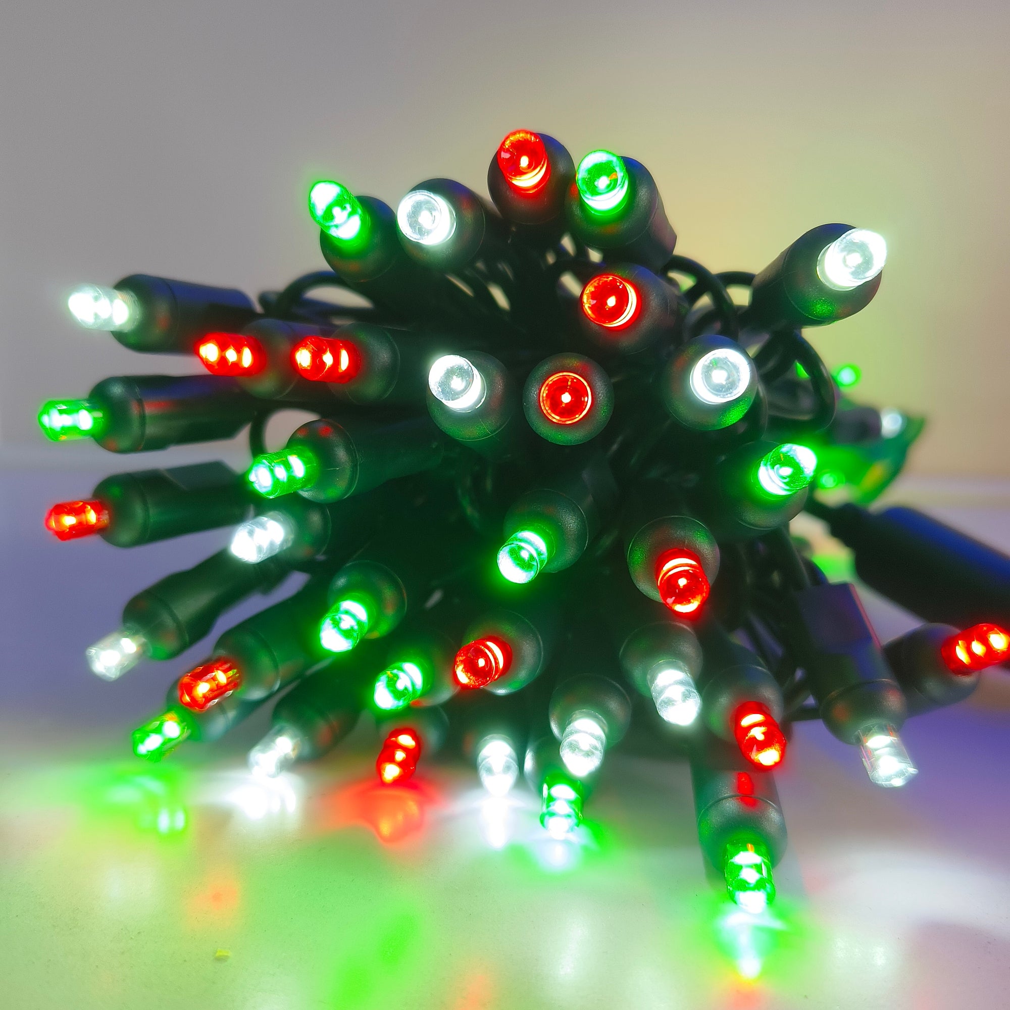 Commercial Grade Red Green White 5mm Wide Angle LED Christmas Lights on Green Wire