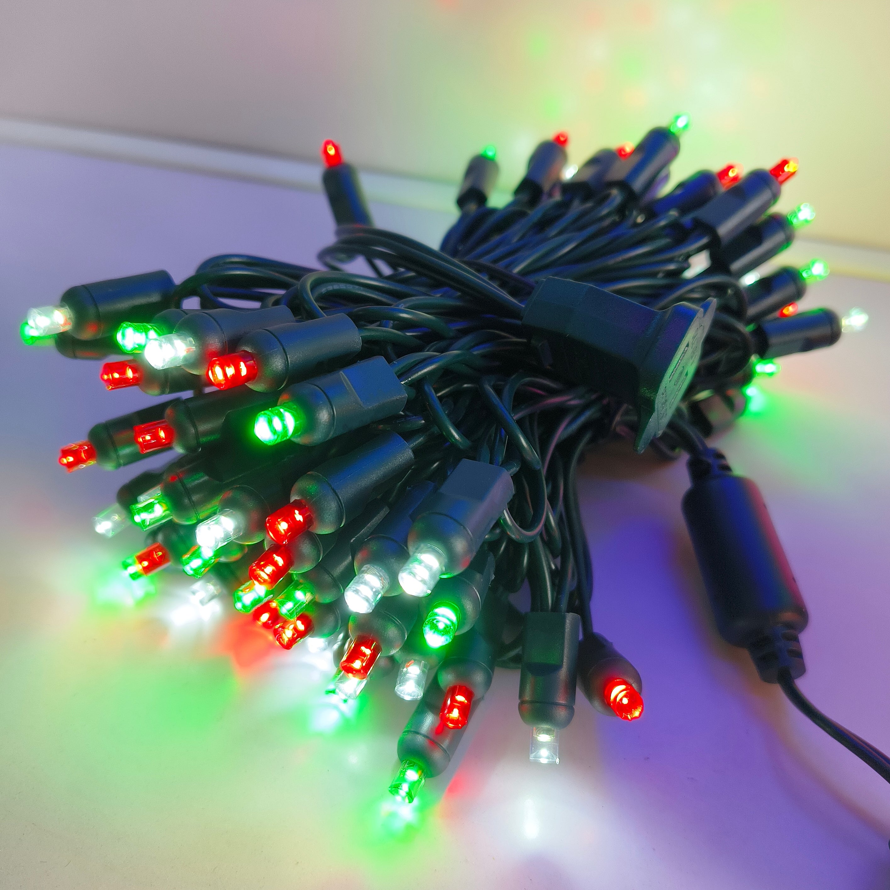 Commercial Grade Red Green White 5mm Wide Angle LED Christmas Lights on Green Wire