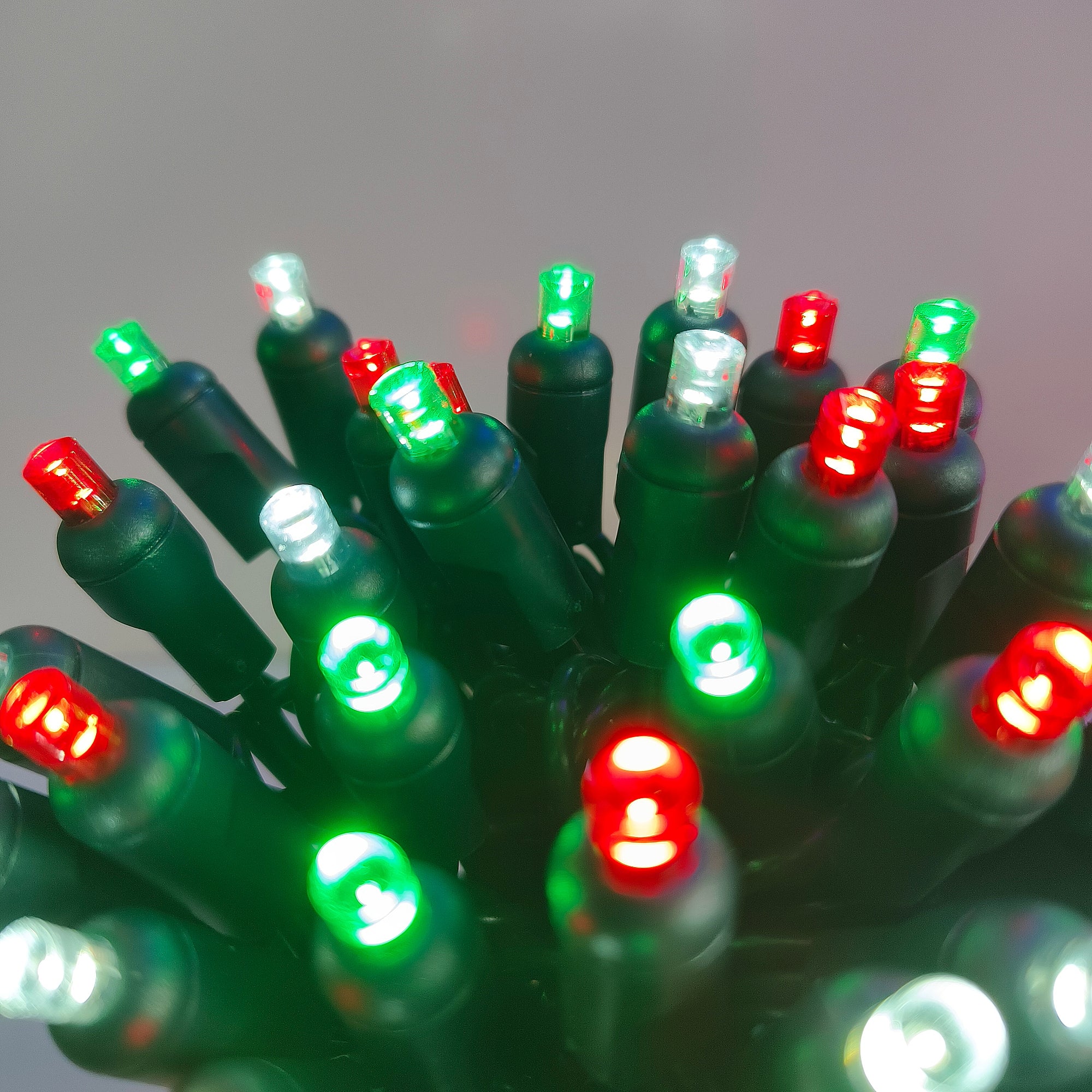Commercial Grade Red Green White 5mm Wide Angle LED Christmas Lights on Green Wire