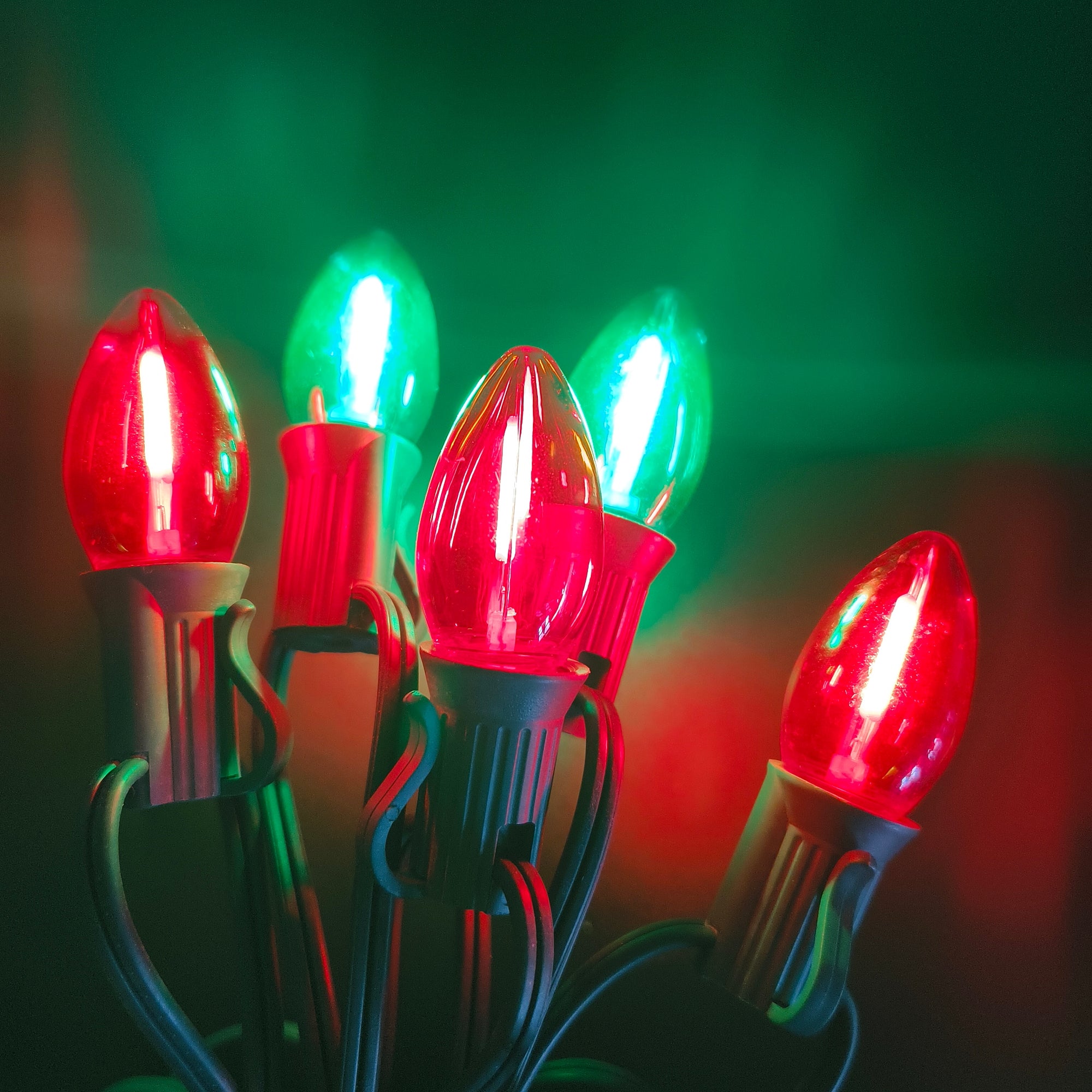 Commercial Grade Red Green C7 LED Christmas Lights 25Ft 25 Bulbs on Green Wire