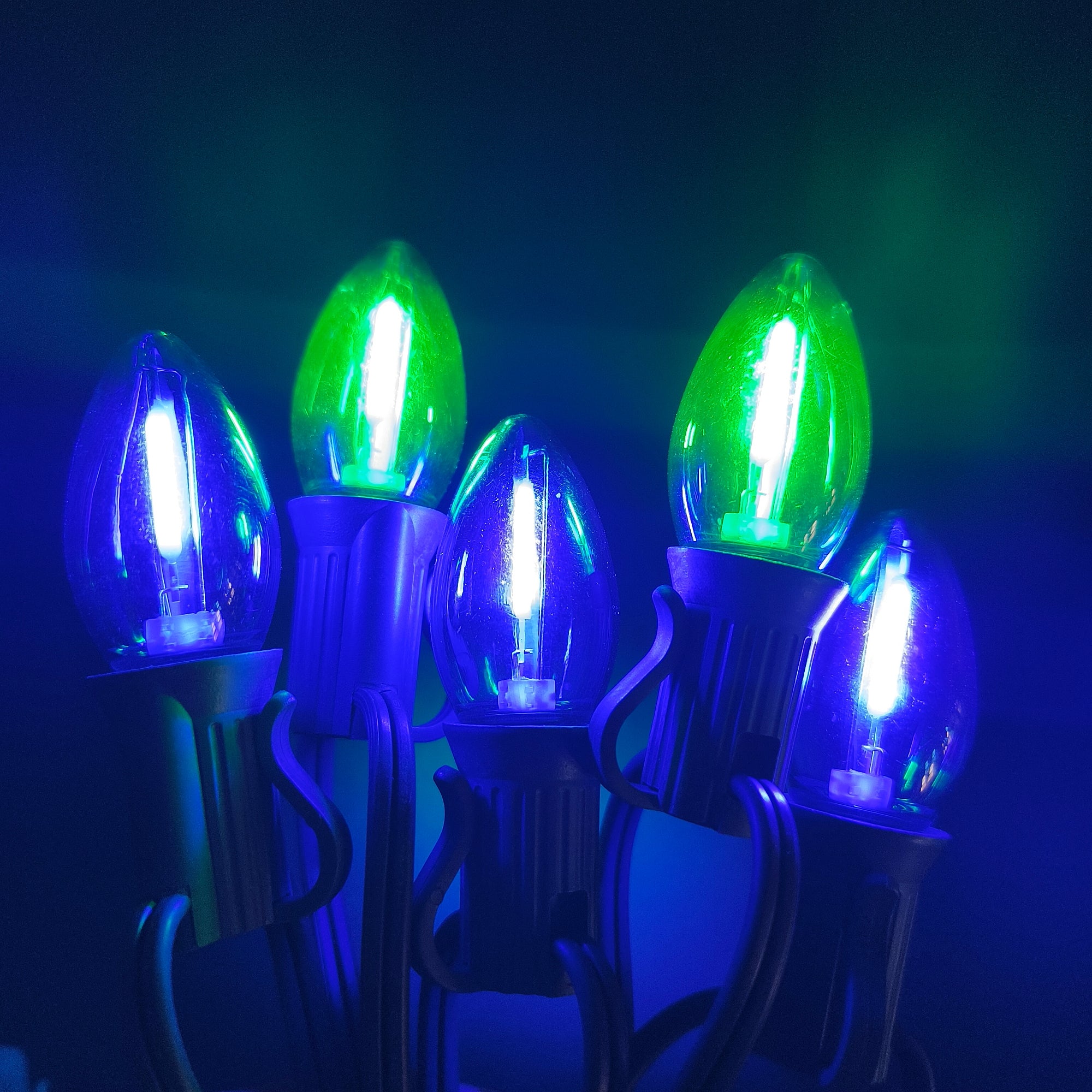 Commercial Grade Blue Green C7 LED Christmas Lights 25Ft 25 Bulbs on Green Wire