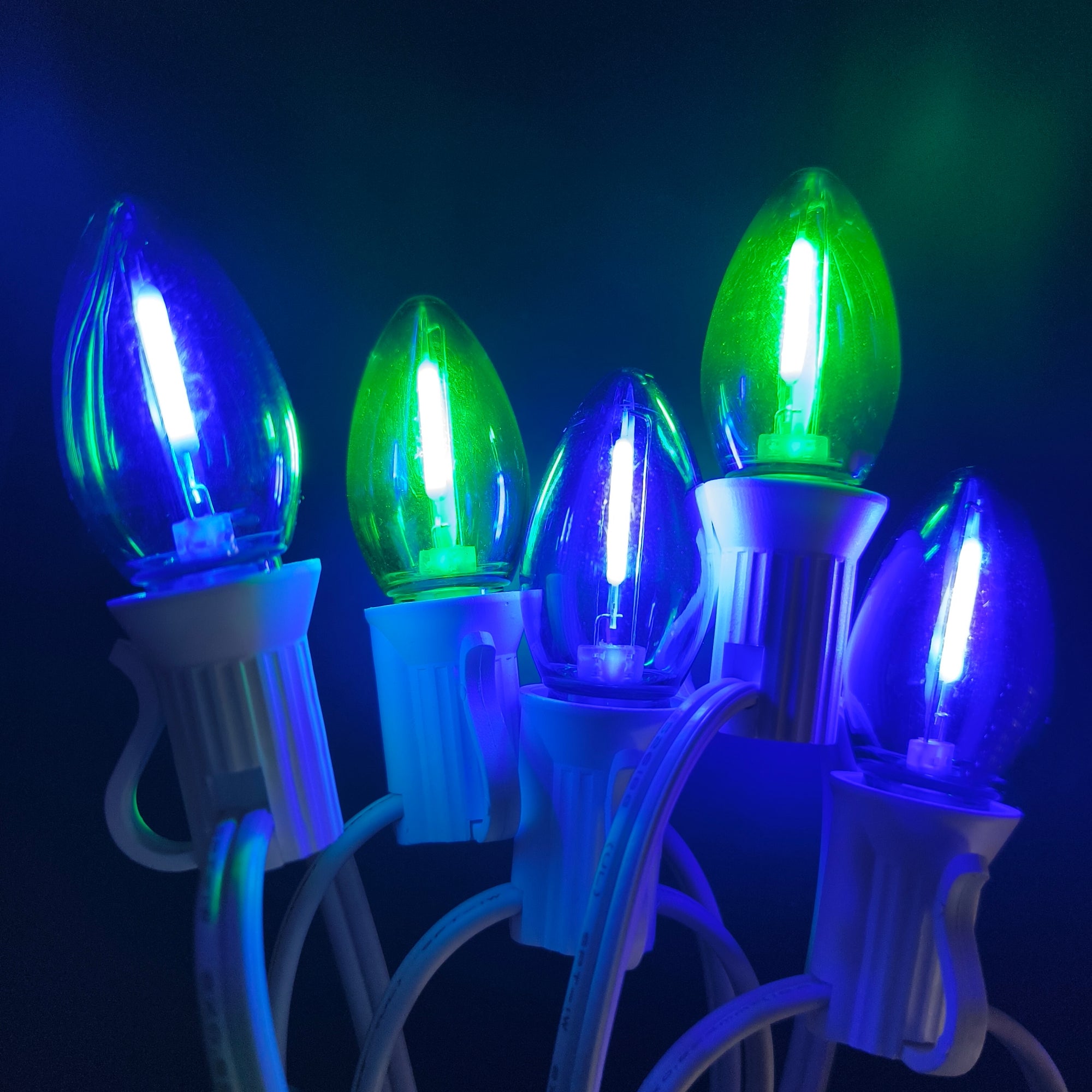 Commercial Grade Blue Green C7 LED Christmas Lights 25Ft 25 Bulbs on White Wire