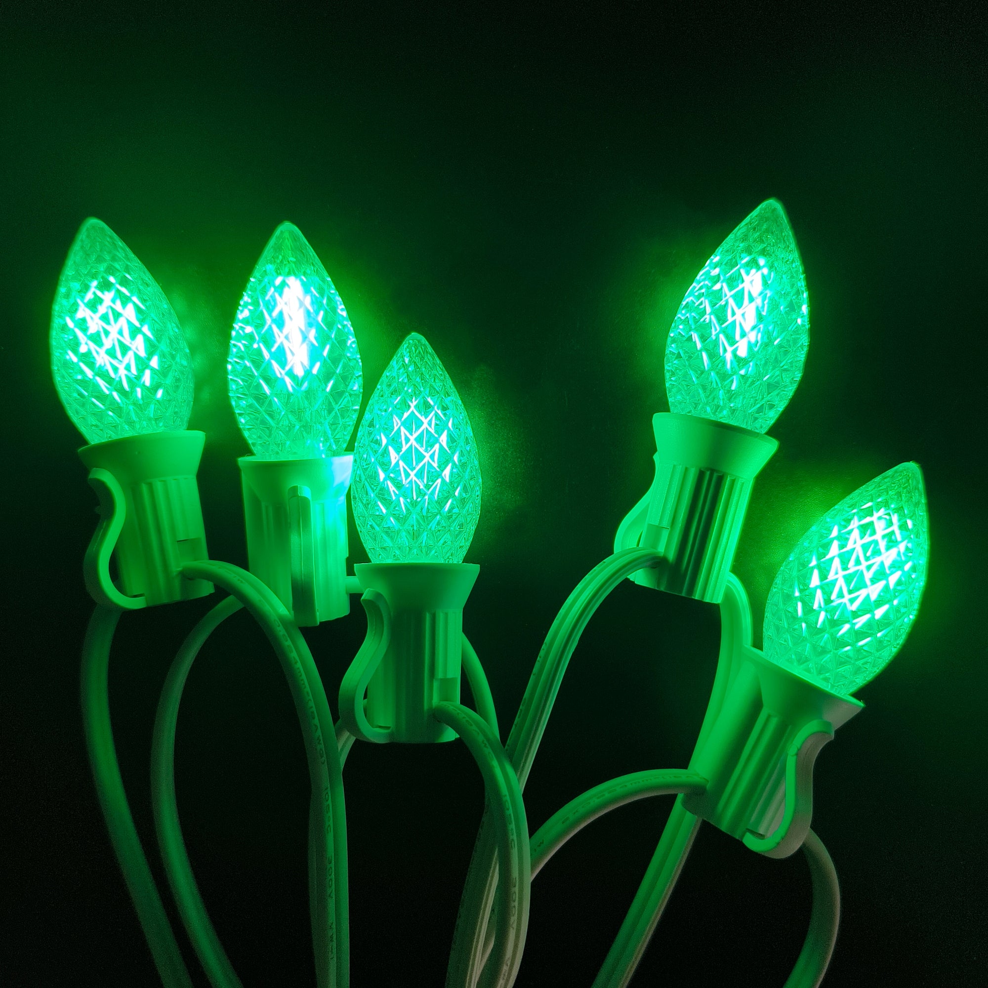 Commercial Grade Green C7 LED Christmas Lights 25Ft 25 Bulbs on White Wire