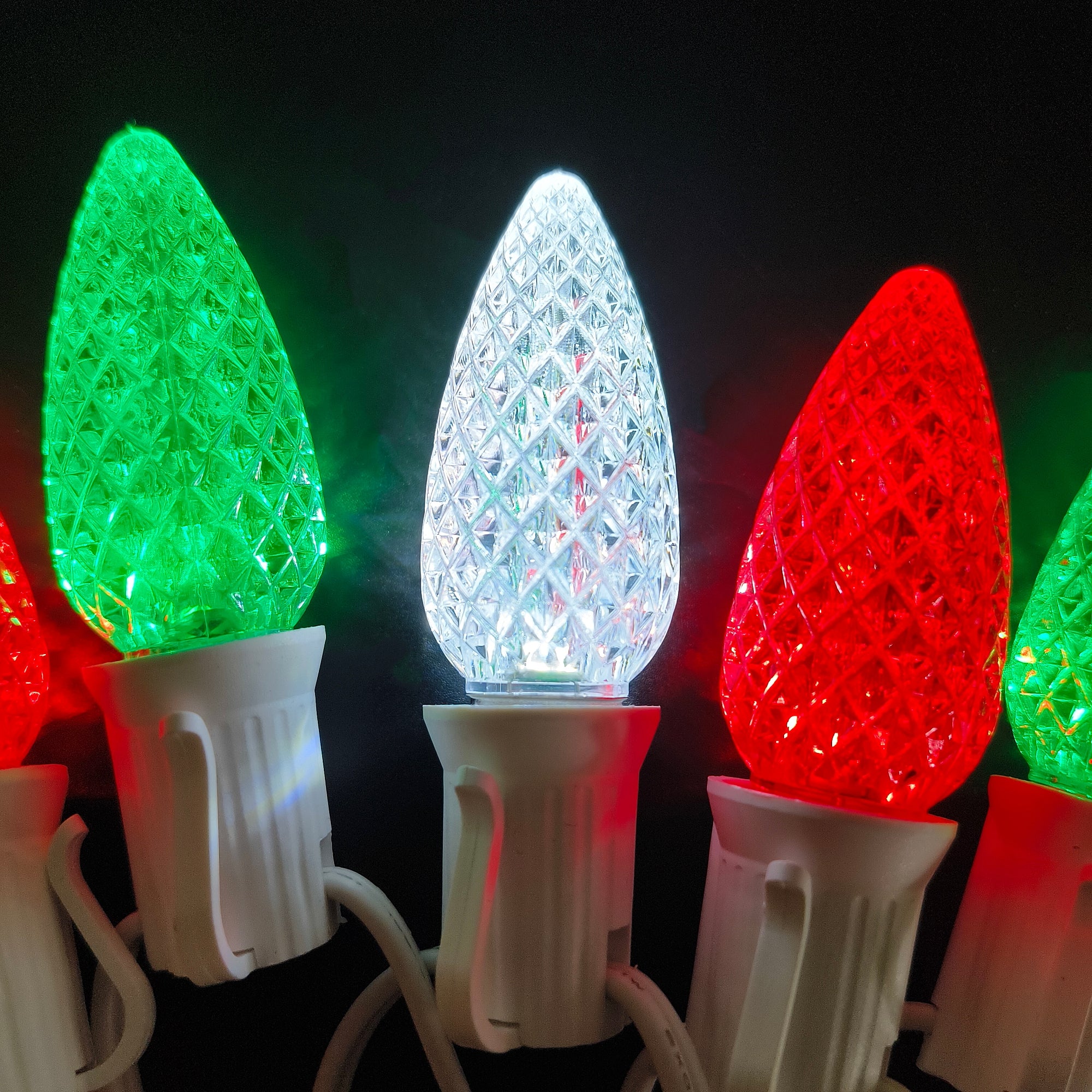Commercial Grade Red Green White C9 LED Christmas Lights 25Ft 25 Bulbs on White Wire