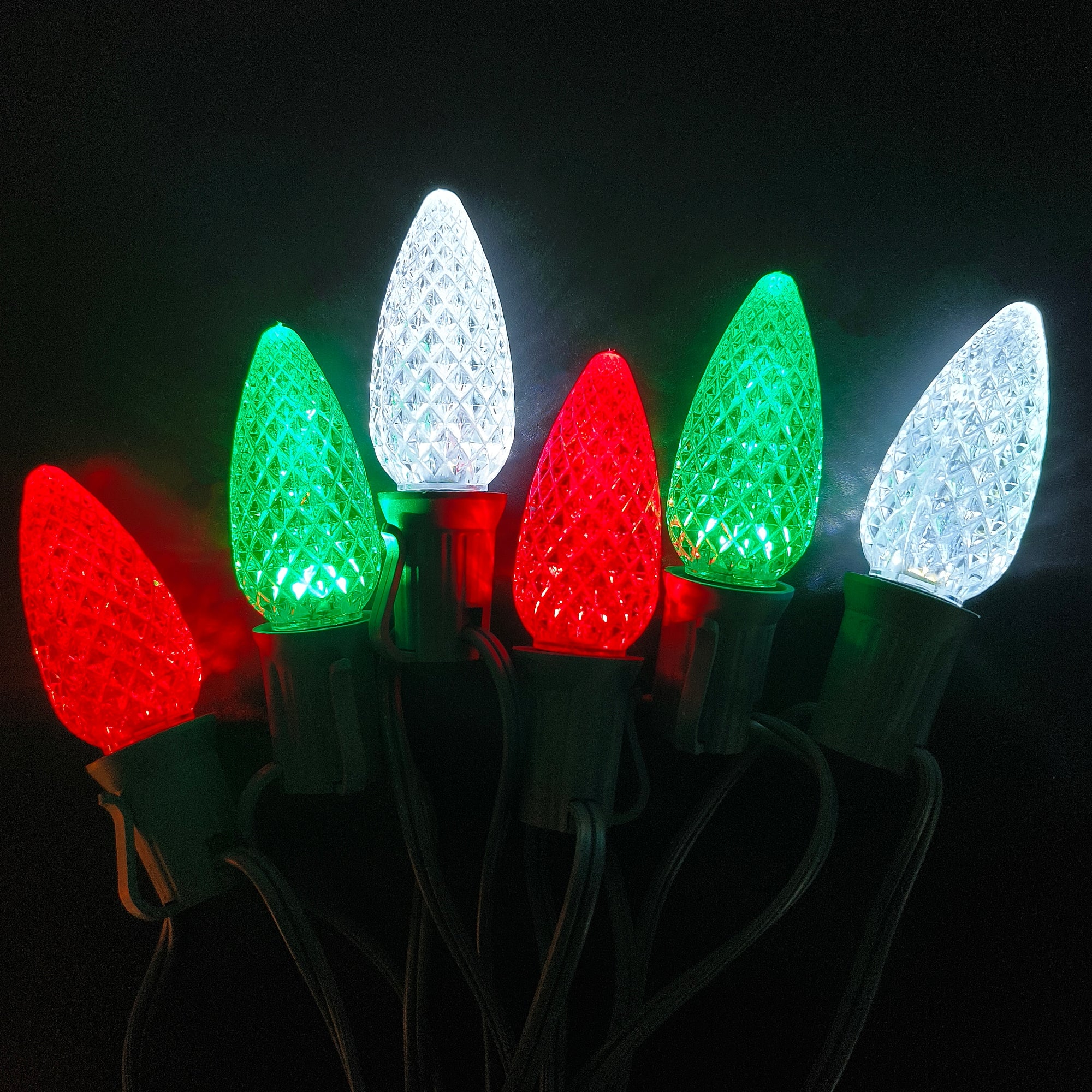 Commercial Grade Red Green White C9 LED Christmas Lights 25Ft 25 Bulbs on Green Wire