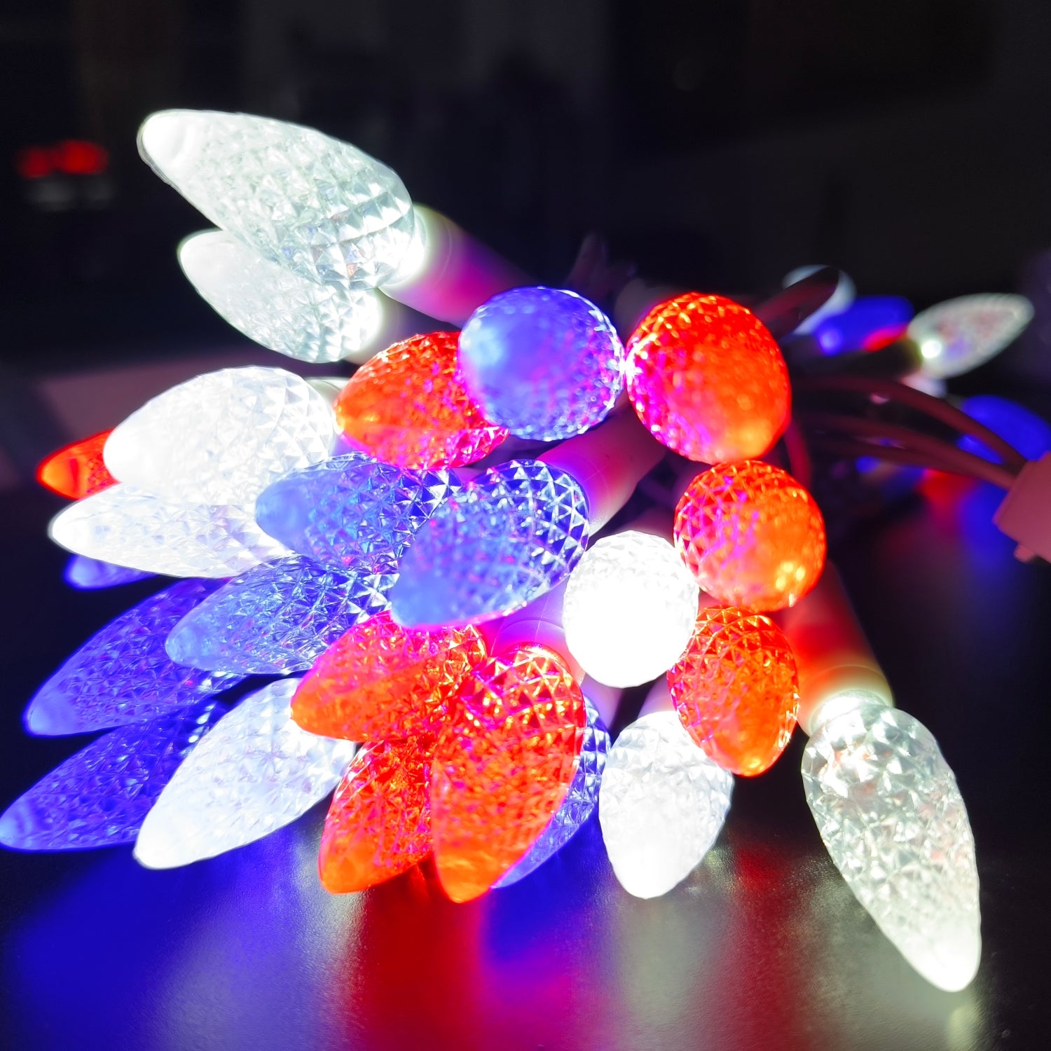 Commercial Grade Red Blue White C6 LED Christmas Lights on White Wire