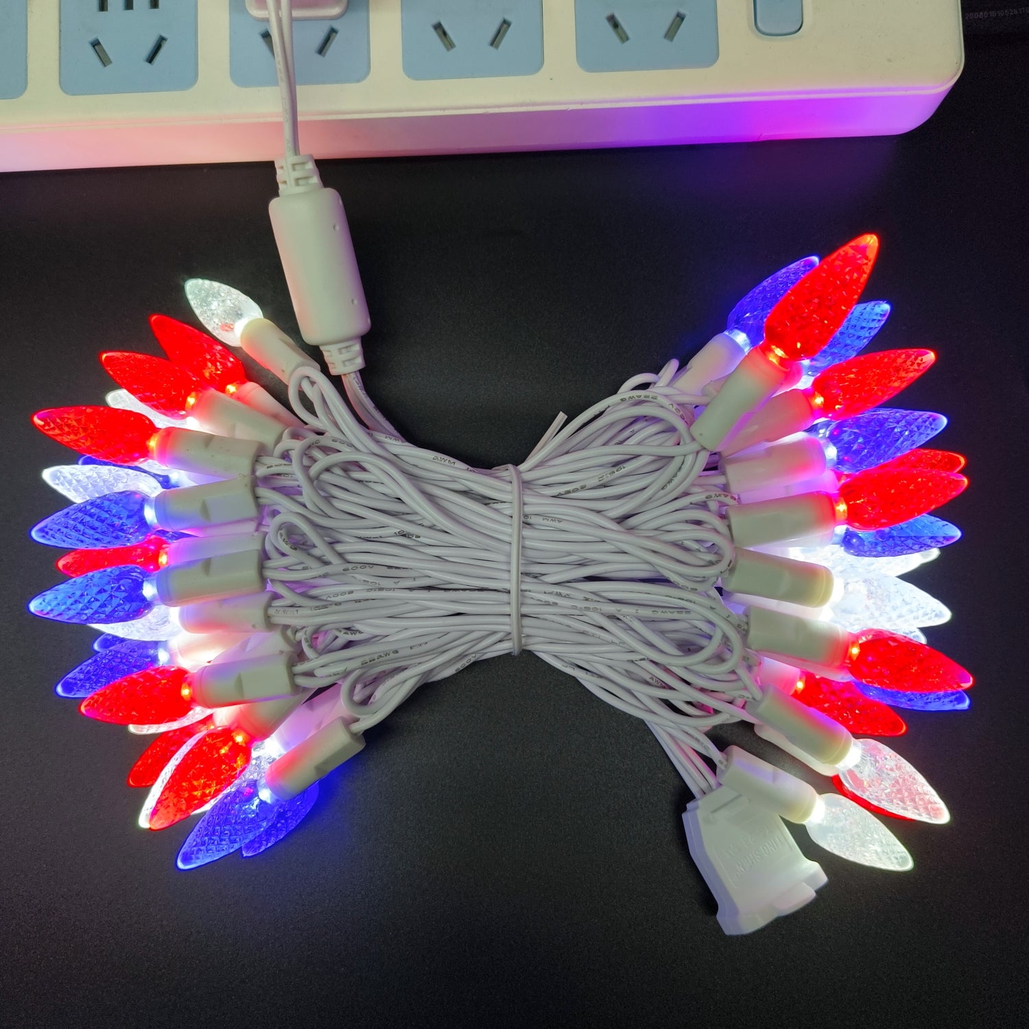 Commercial Grade Red Blue White C6 LED Christmas Lights on White Wire