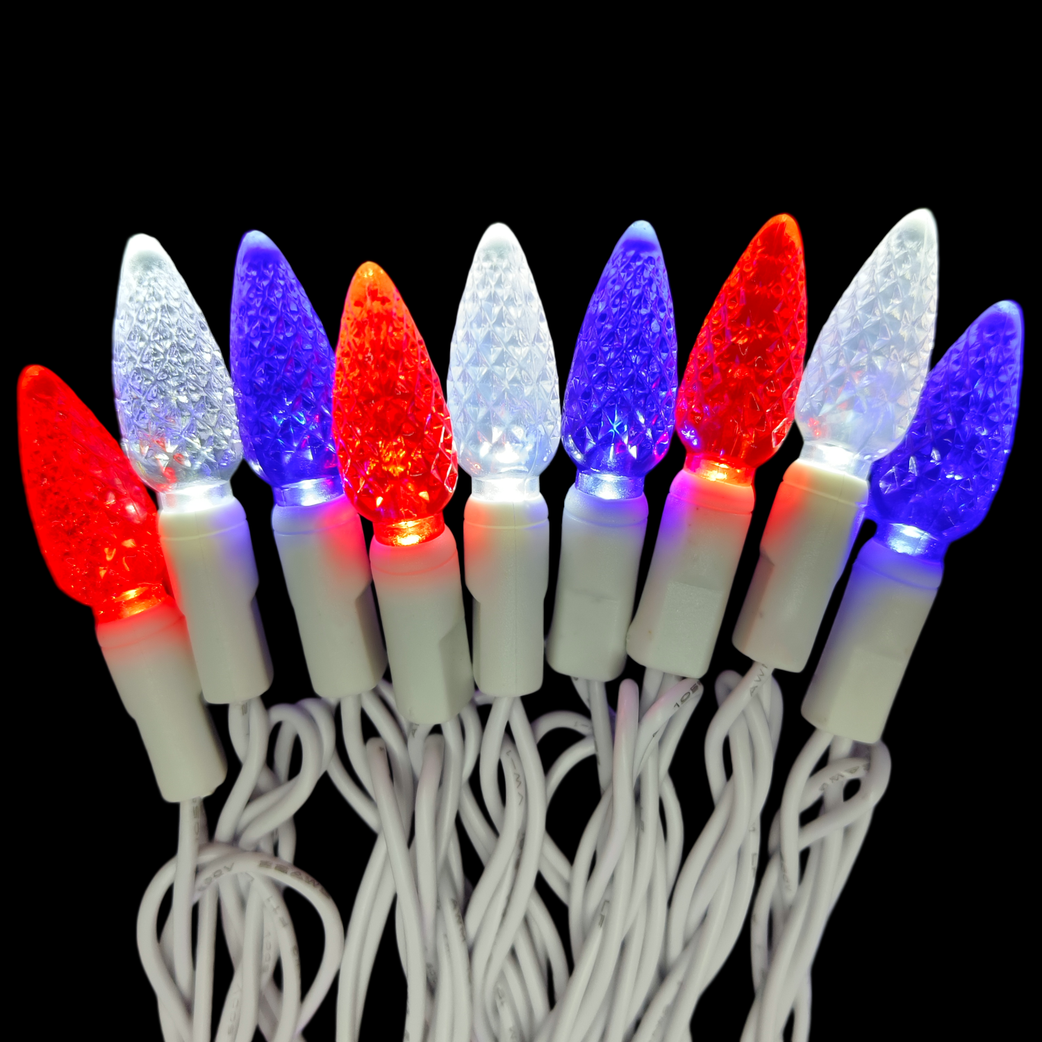 Commercial Grade Red Blue White C6 LED Christmas Lights on White Wire
