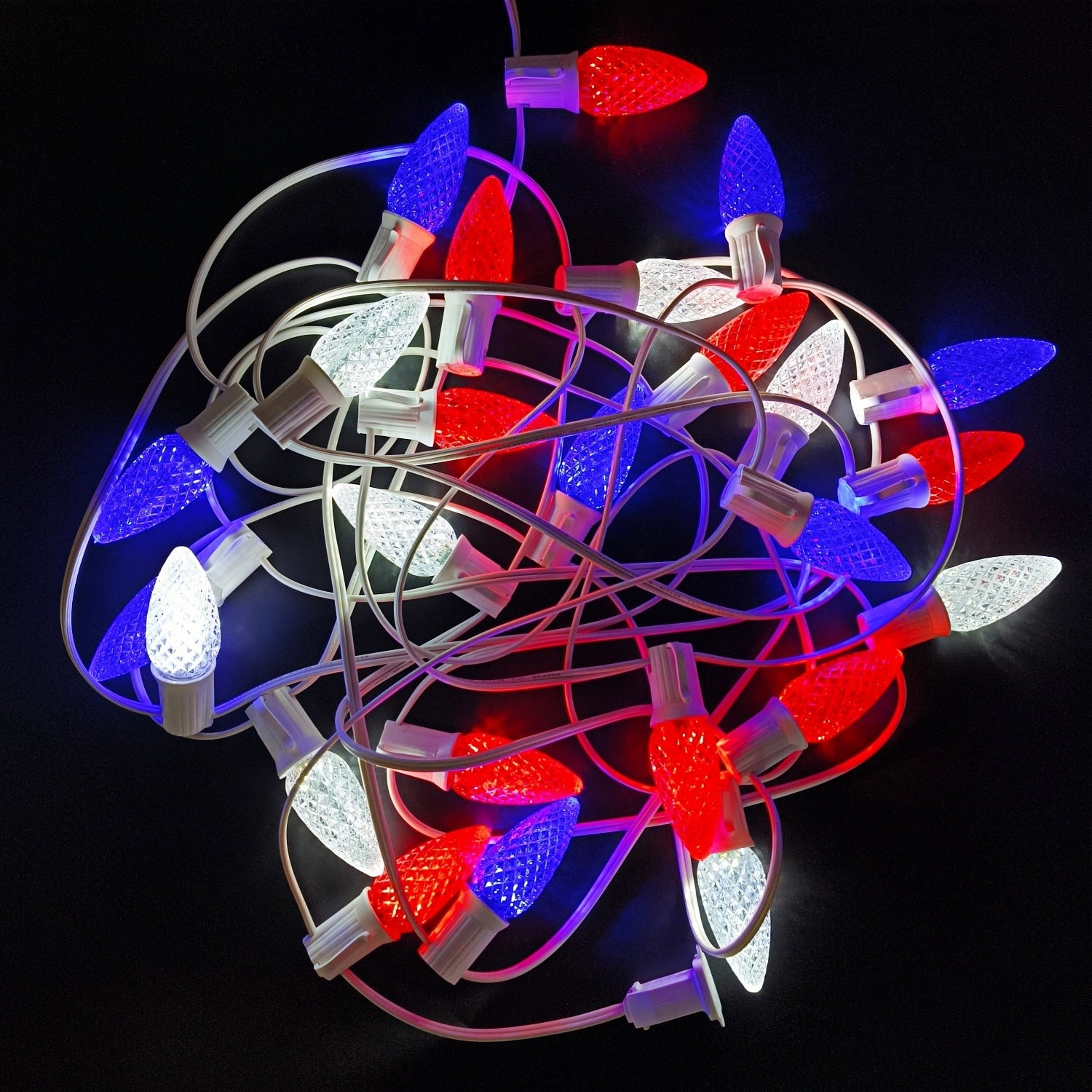 Commercial Grade Red Blue White C9 LED Christmas Lights 25Ft 25 Bulbs on White Wire