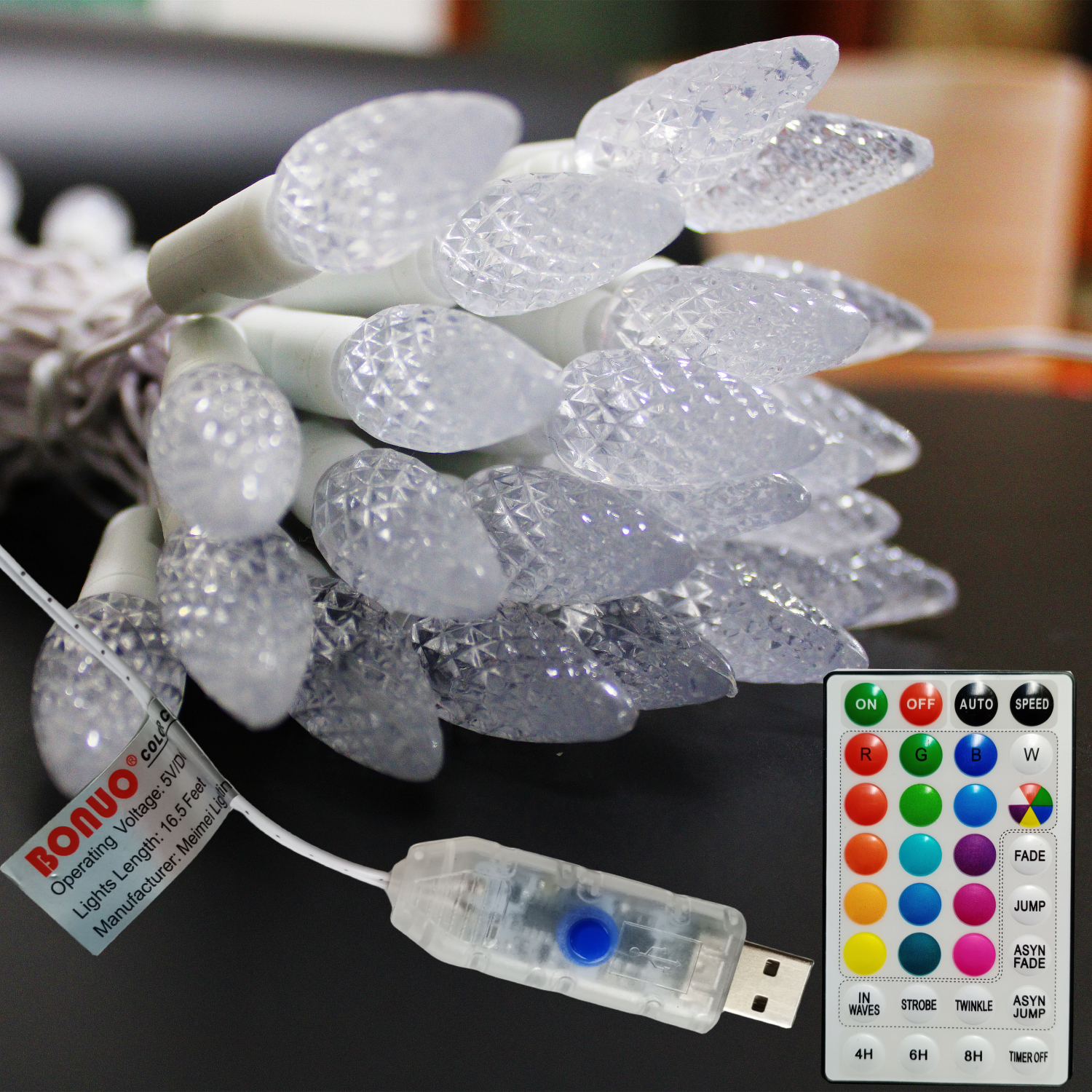 50 LED RGB Color Changing C6 Christmas Lights USB Plug-in on White Wire