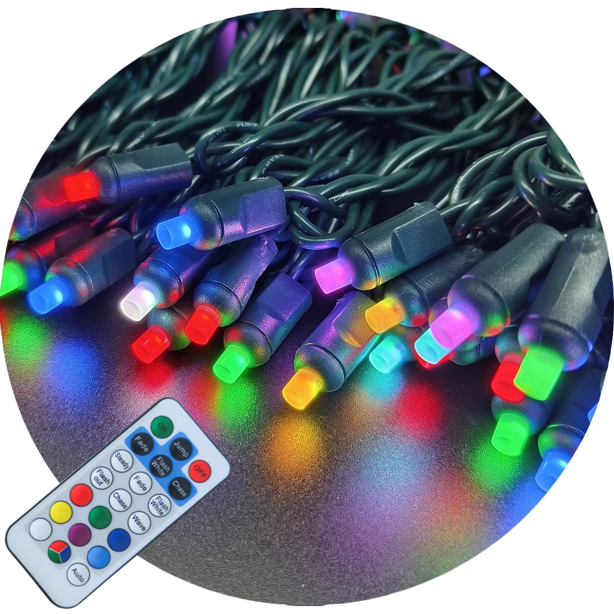 70 Lights RGB Color Changing 5mm Wide Angle LED Christmas Lights on Green Wire