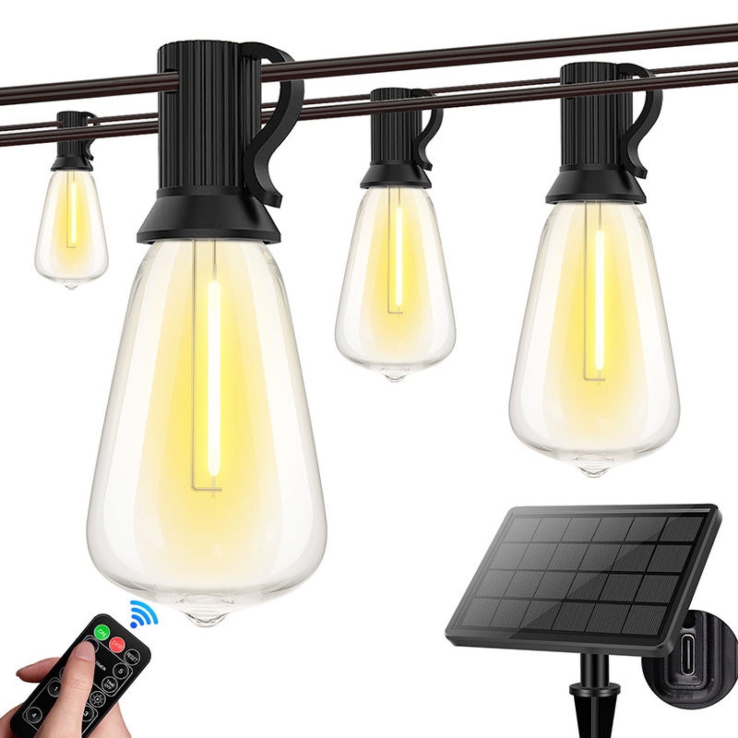 Solar Powered ST38 LED Hanging Patio Outdoor String Lights on Black Wire