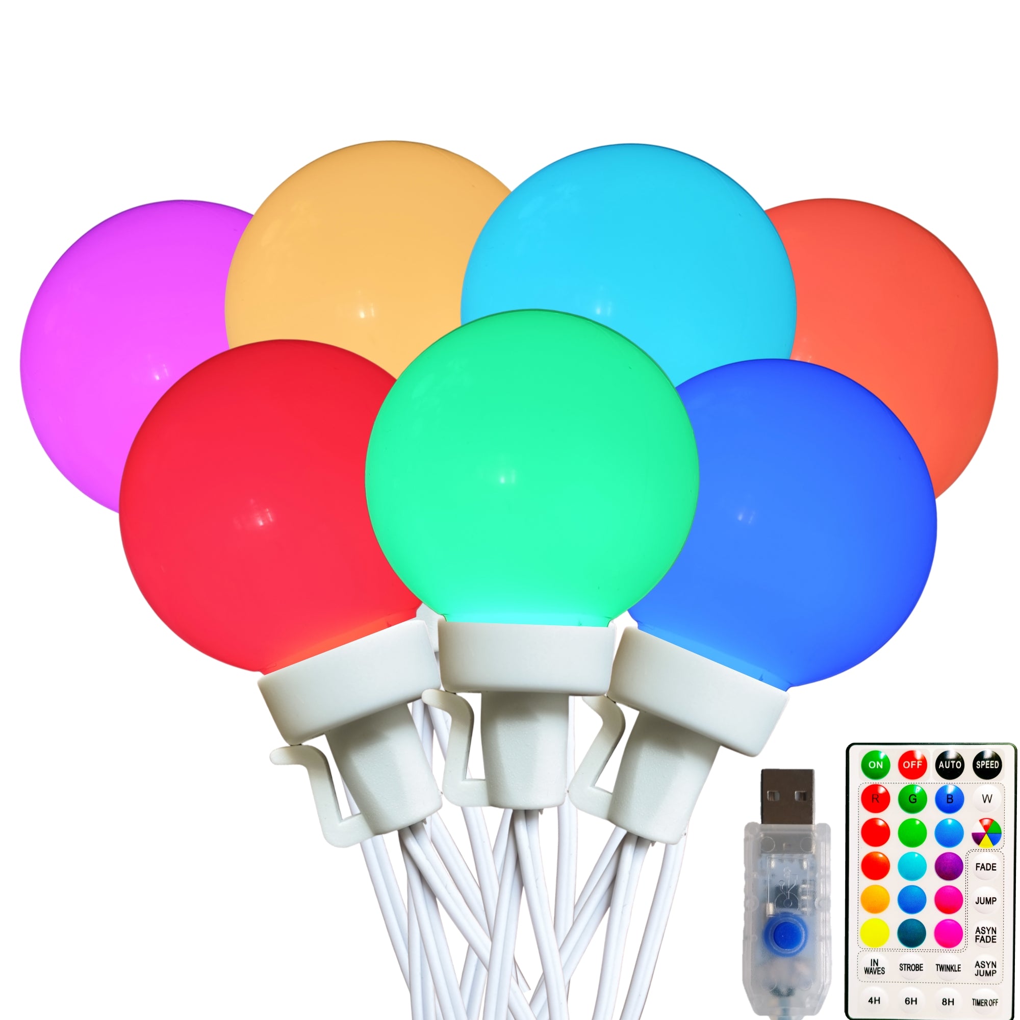 25 Bulbs RGB Color Changing G40 LED String Lights USB Plug-in on White Wire