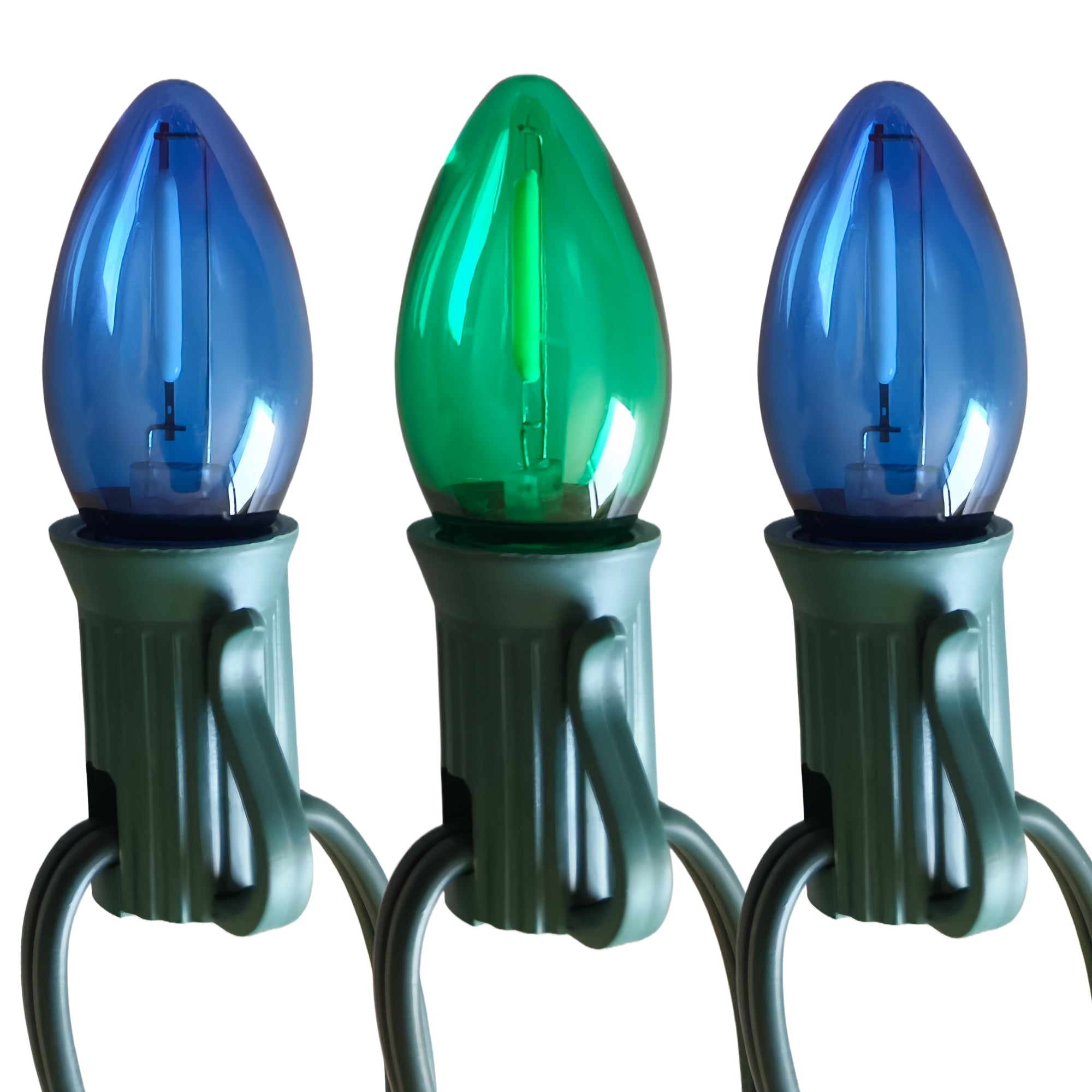 Commercial Grade Blue Green C7 LED Christmas Lights 25Ft 25 Bulbs on Green Wire