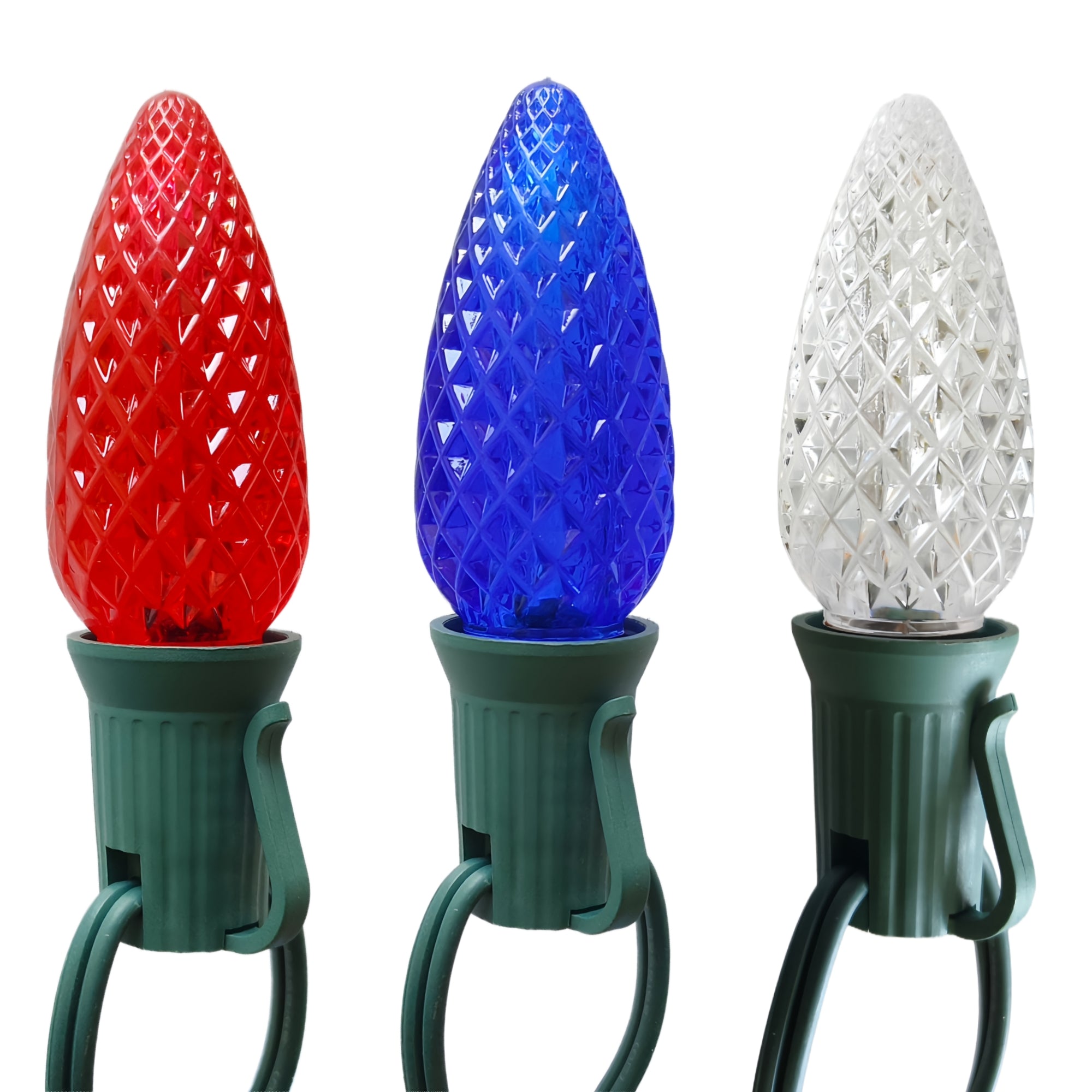 Commercial Grade Red Blue White C9 LED Christmas Lights 25Ft 25 Bulbs on Green Wire