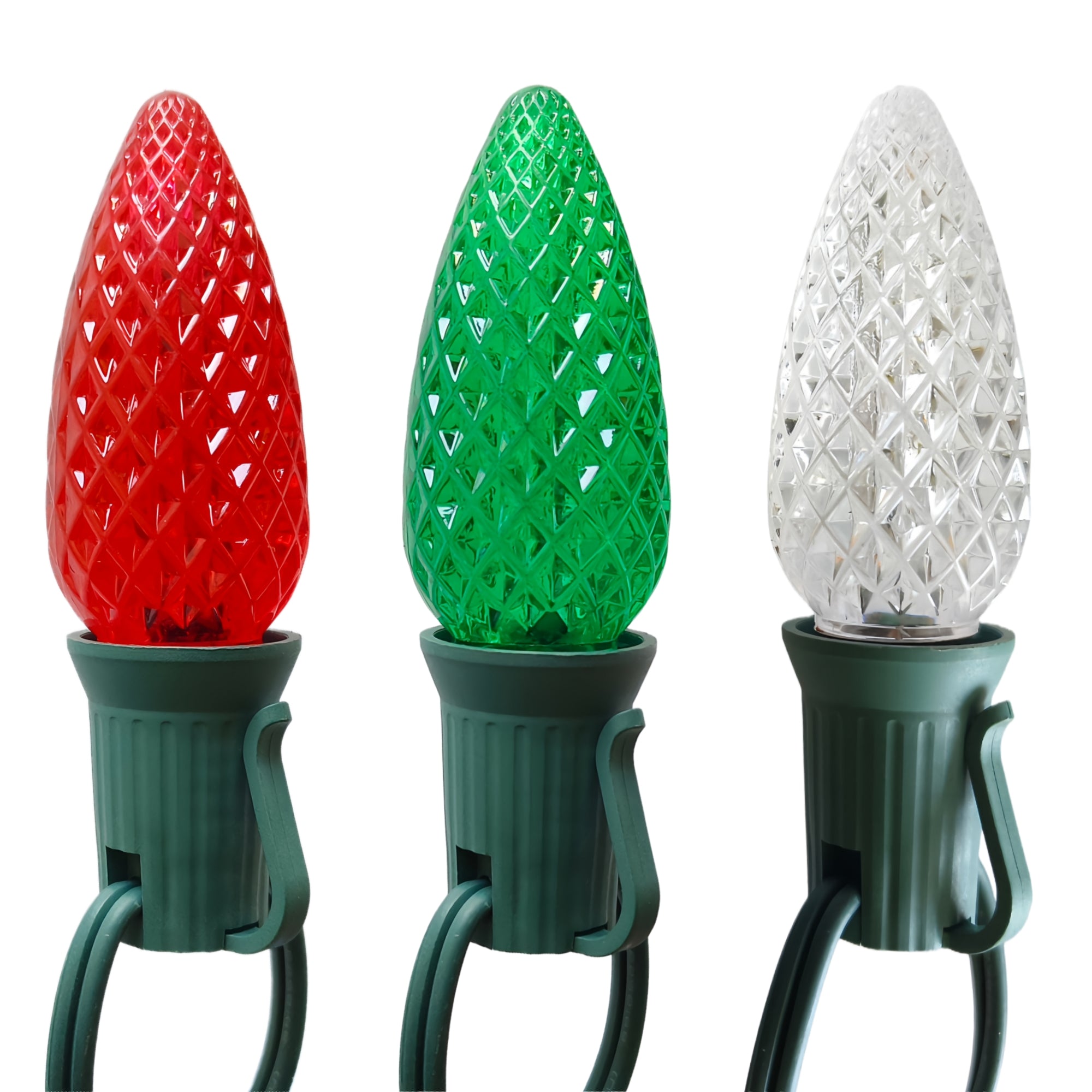 Commercial Grade Red Green White C9 LED Christmas Lights 25Ft 25 Bulbs on Green Wire