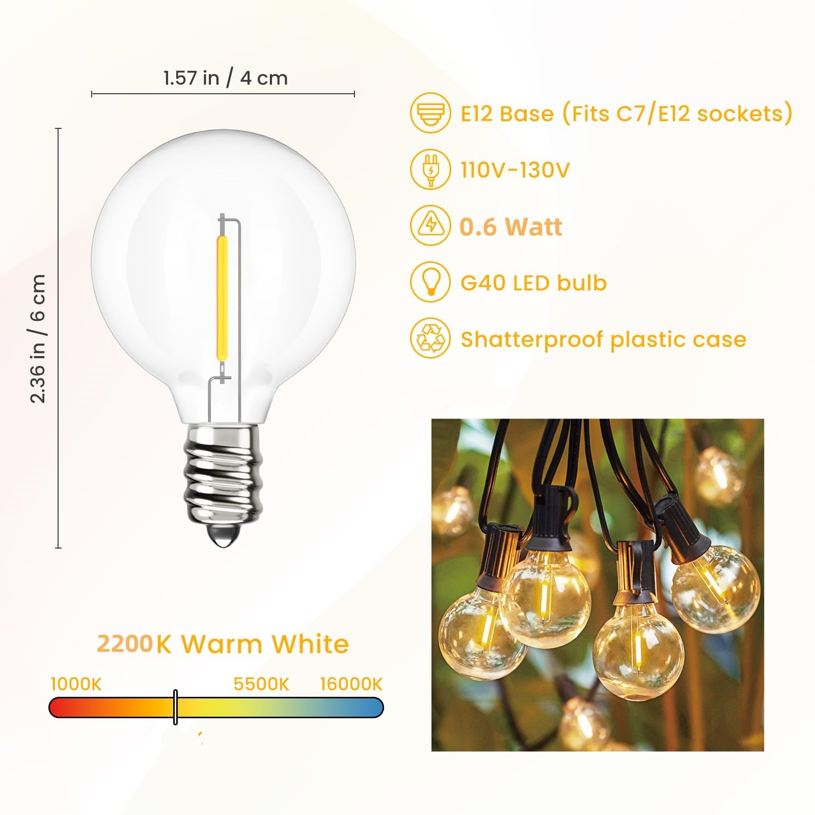 120V G40 LED Replacement Bulb for Outdoor E12 Socket String Light, Warm White