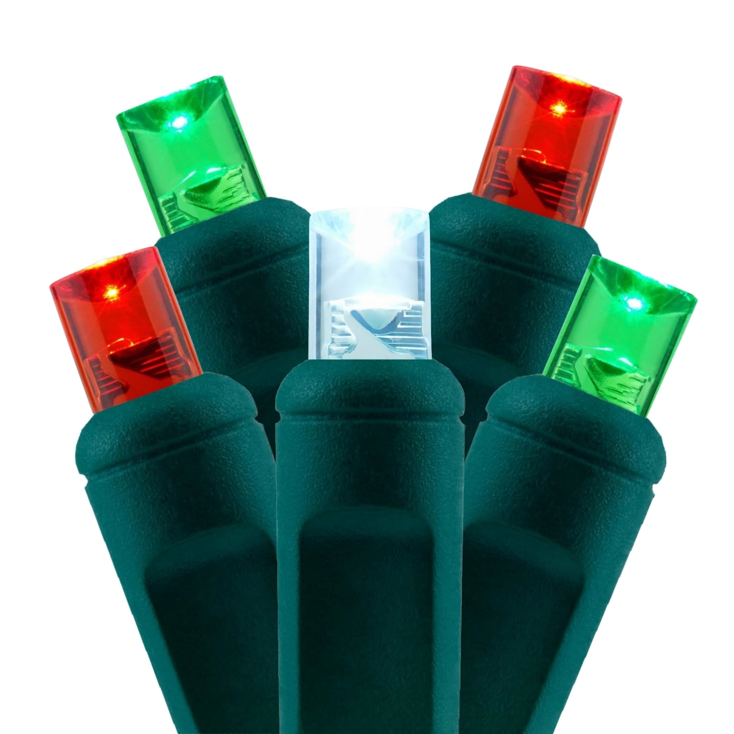 Commercial Grade Red Green White 5mm Wide Angle LED Christmas Lights on Green Wire