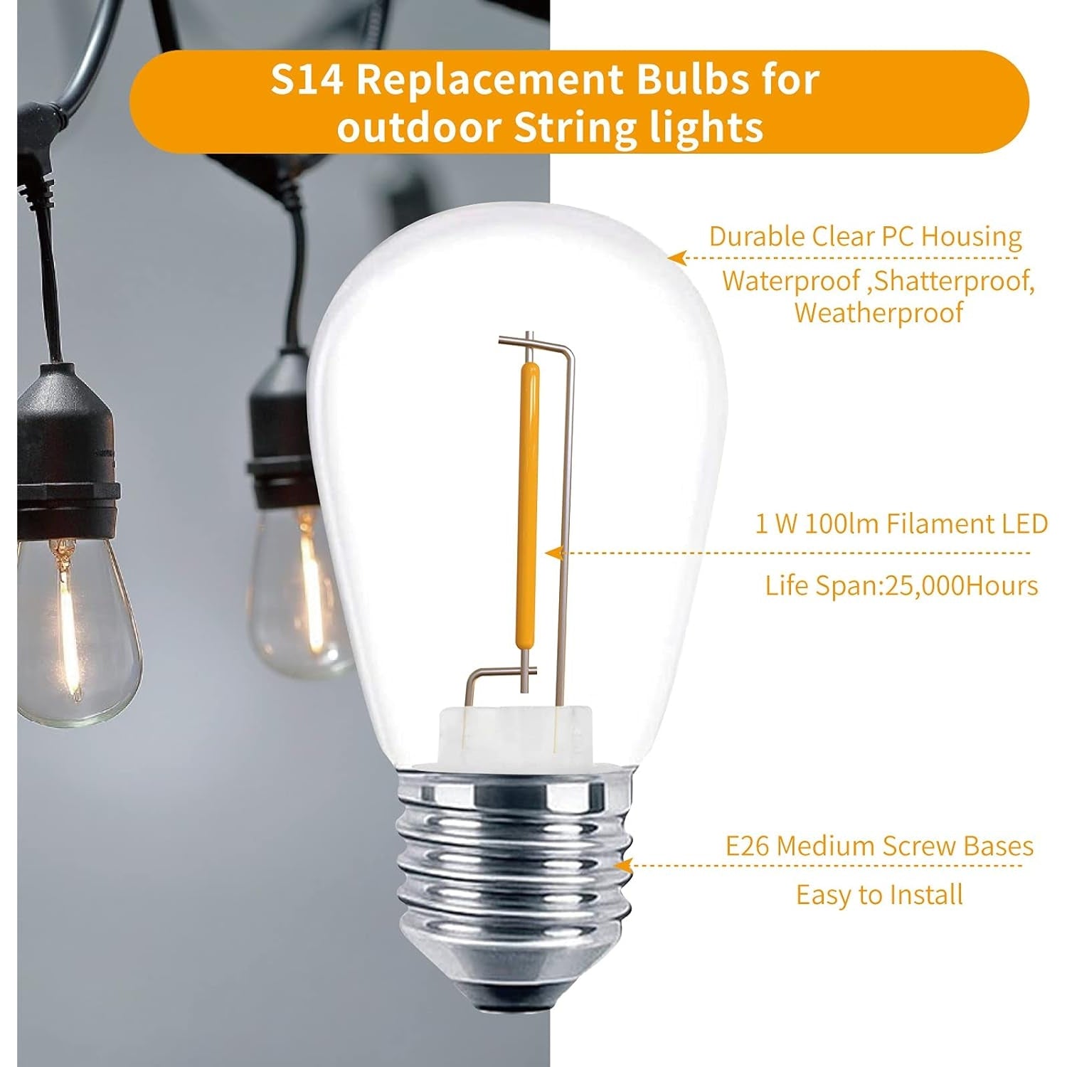120V S14 LED Replacement Bulb for Outdoor E26 Socket String Light, Warm White