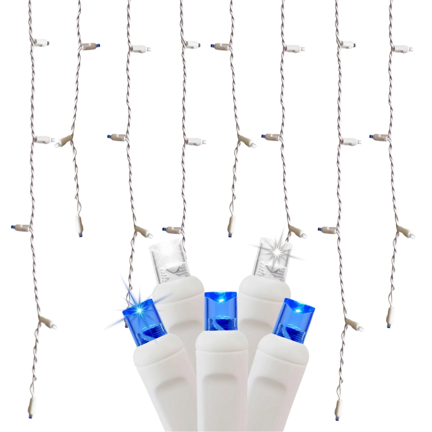 Commercial Grade Slow Twinkle Blue White LED Icicle Lights on White Wire