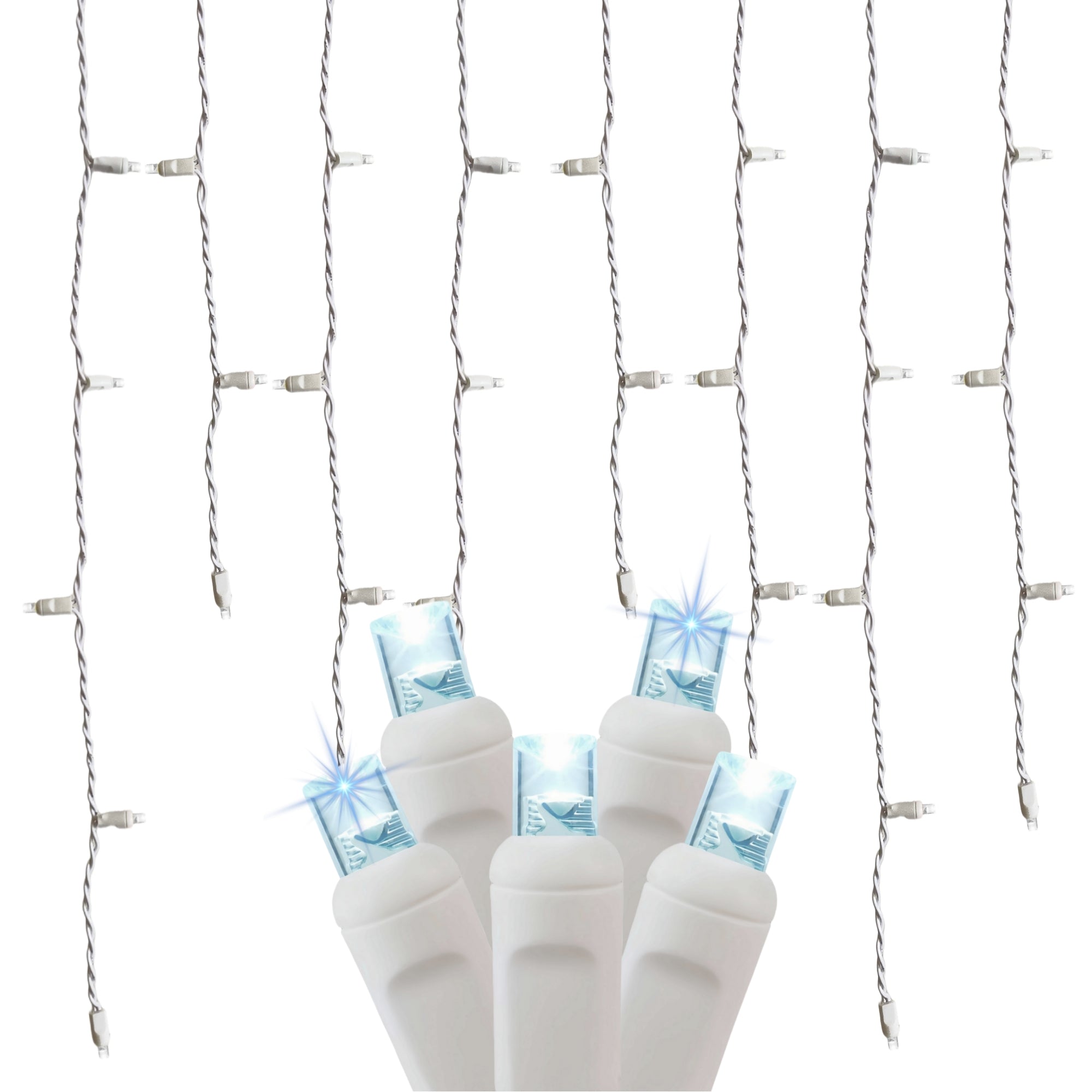 Commercial Grade Slow Twinkle Cool White LED Icicle Lights on White Wire